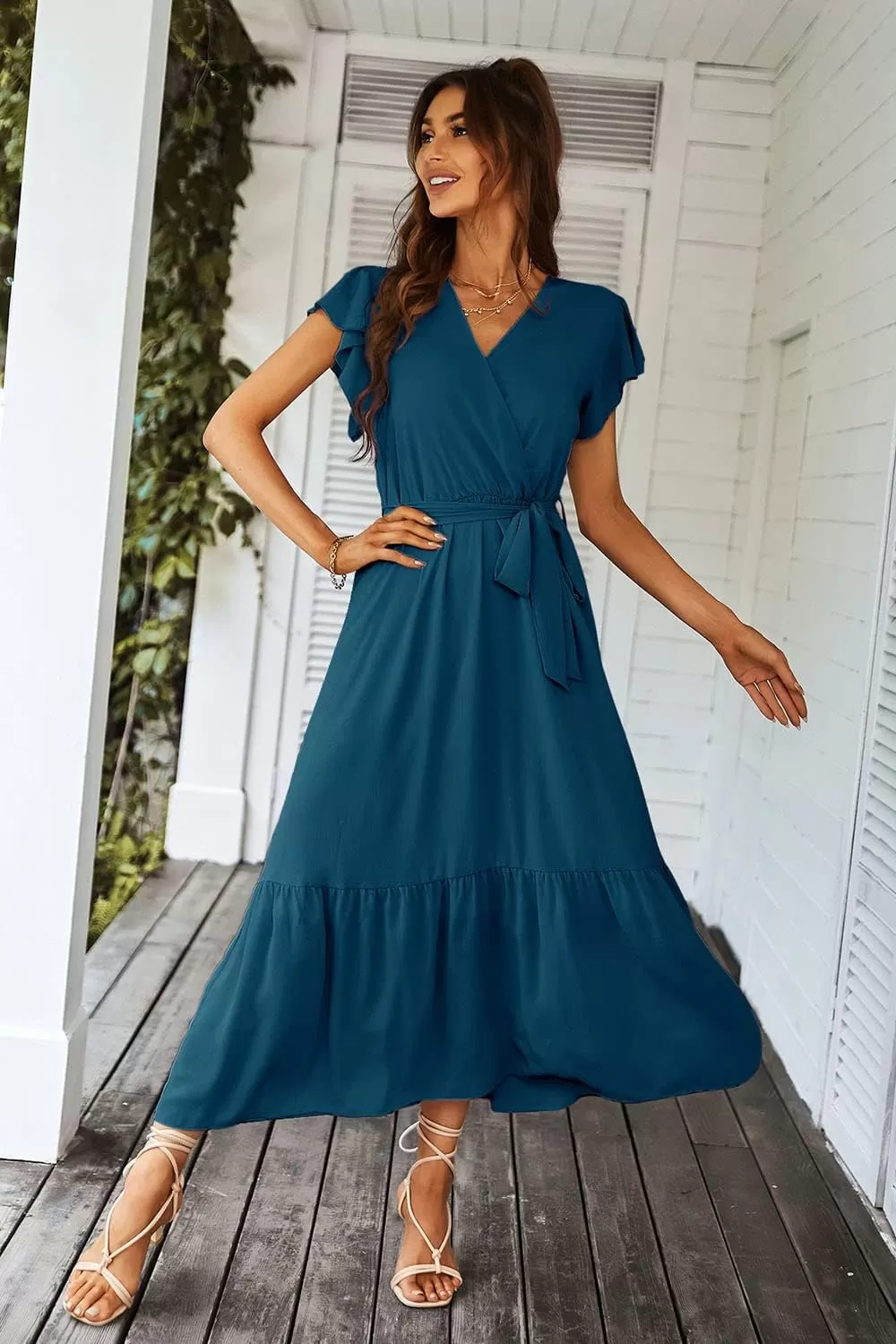 imagePRETTYGARDEN Womens 2024 Floral Boho Dress Wrap V Neck Short Sleeve Belted Ruffle Hem ALine Flowy Maxi DressesSolid Lake Blue