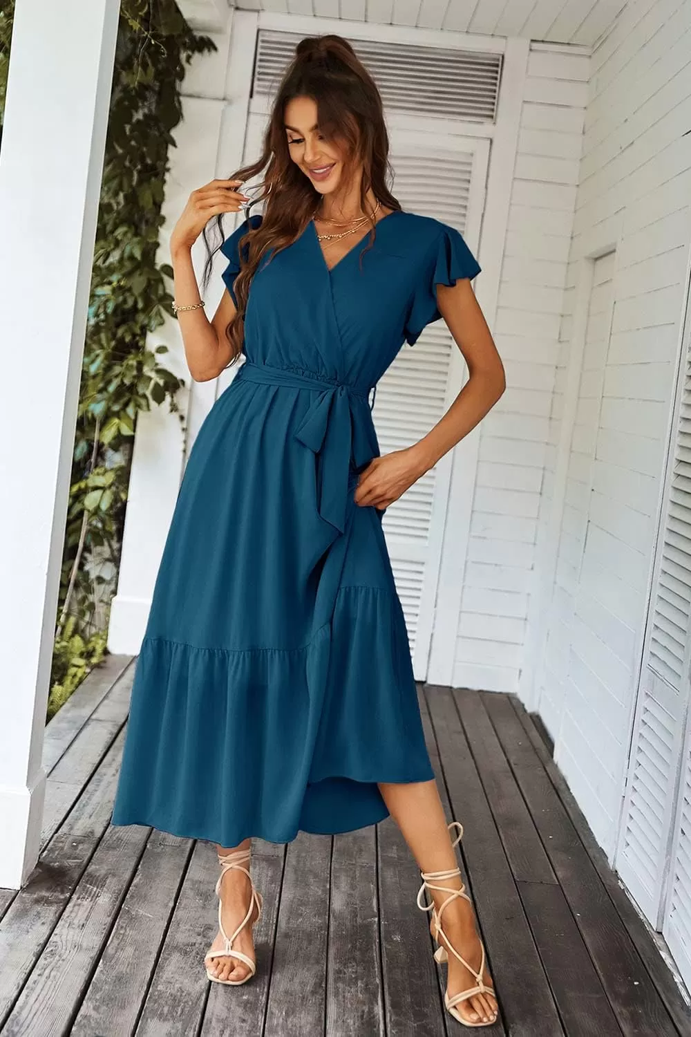 imagePRETTYGARDEN Womens 2024 Floral Boho Dress Wrap V Neck Short Sleeve Belted Ruffle Hem ALine Flowy Maxi DressesSolid Lake Blue