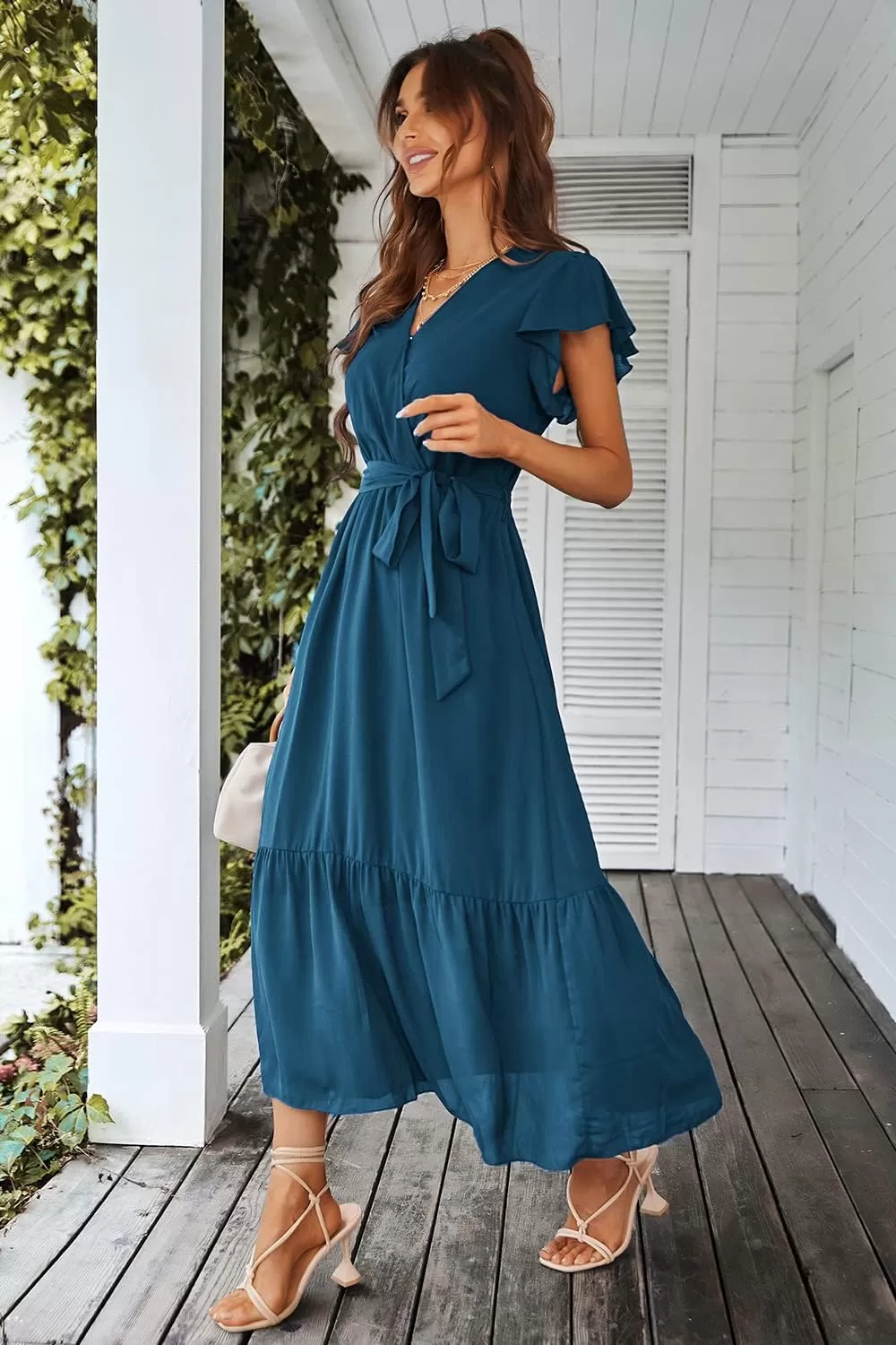imagePRETTYGARDEN Womens 2024 Floral Boho Dress Wrap V Neck Short Sleeve Belted Ruffle Hem ALine Flowy Maxi DressesSolid Lake Blue