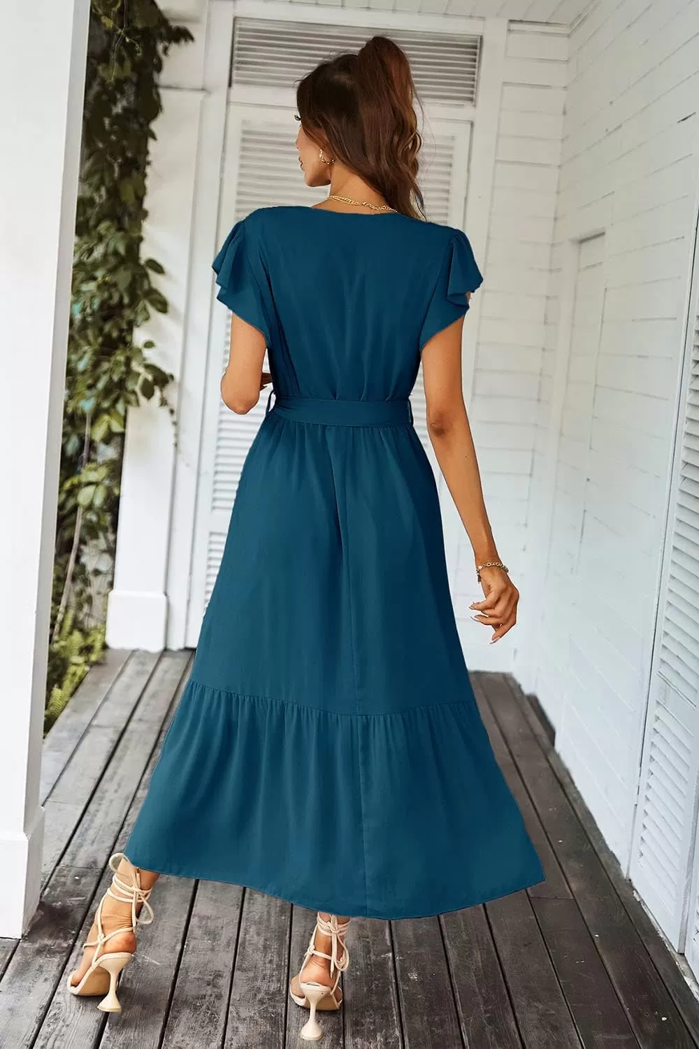 imagePRETTYGARDEN Womens 2024 Floral Boho Dress Wrap V Neck Short Sleeve Belted Ruffle Hem ALine Flowy Maxi DressesSolid Lake Blue