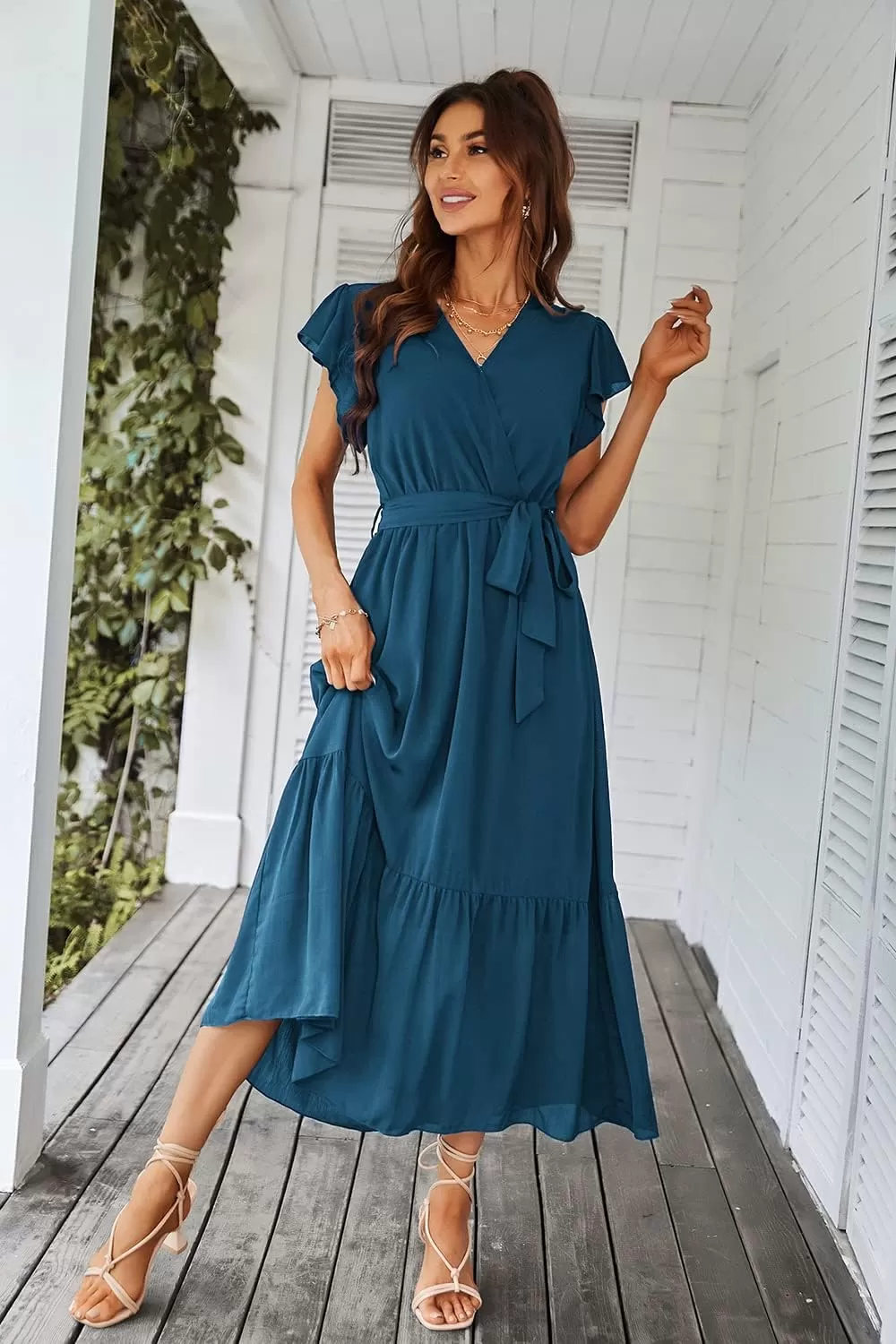 imagePRETTYGARDEN Womens 2024 Floral Boho Dress Wrap V Neck Short Sleeve Belted Ruffle Hem ALine Flowy Maxi DressesSolid Lake Blue