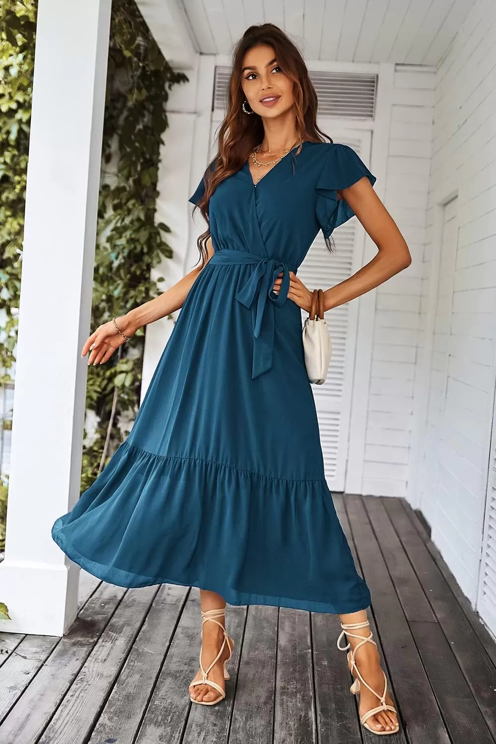 imagePRETTYGARDEN Womens 2024 Floral Boho Dress Wrap V Neck Short Sleeve Belted Ruffle Hem ALine Flowy Maxi DressesSolid Lake Blue
