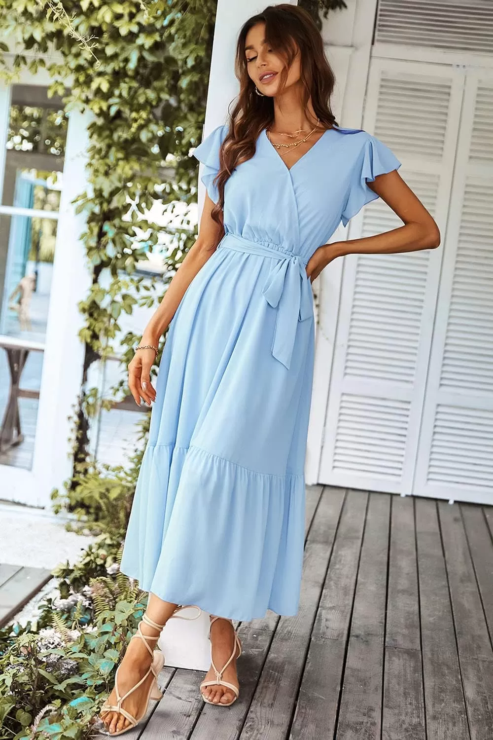 imagePRETTYGARDEN Womens 2024 Floral Boho Dress Wrap V Neck Short Sleeve Belted Ruffle Hem ALine Flowy Maxi DressesSolid Light Blue