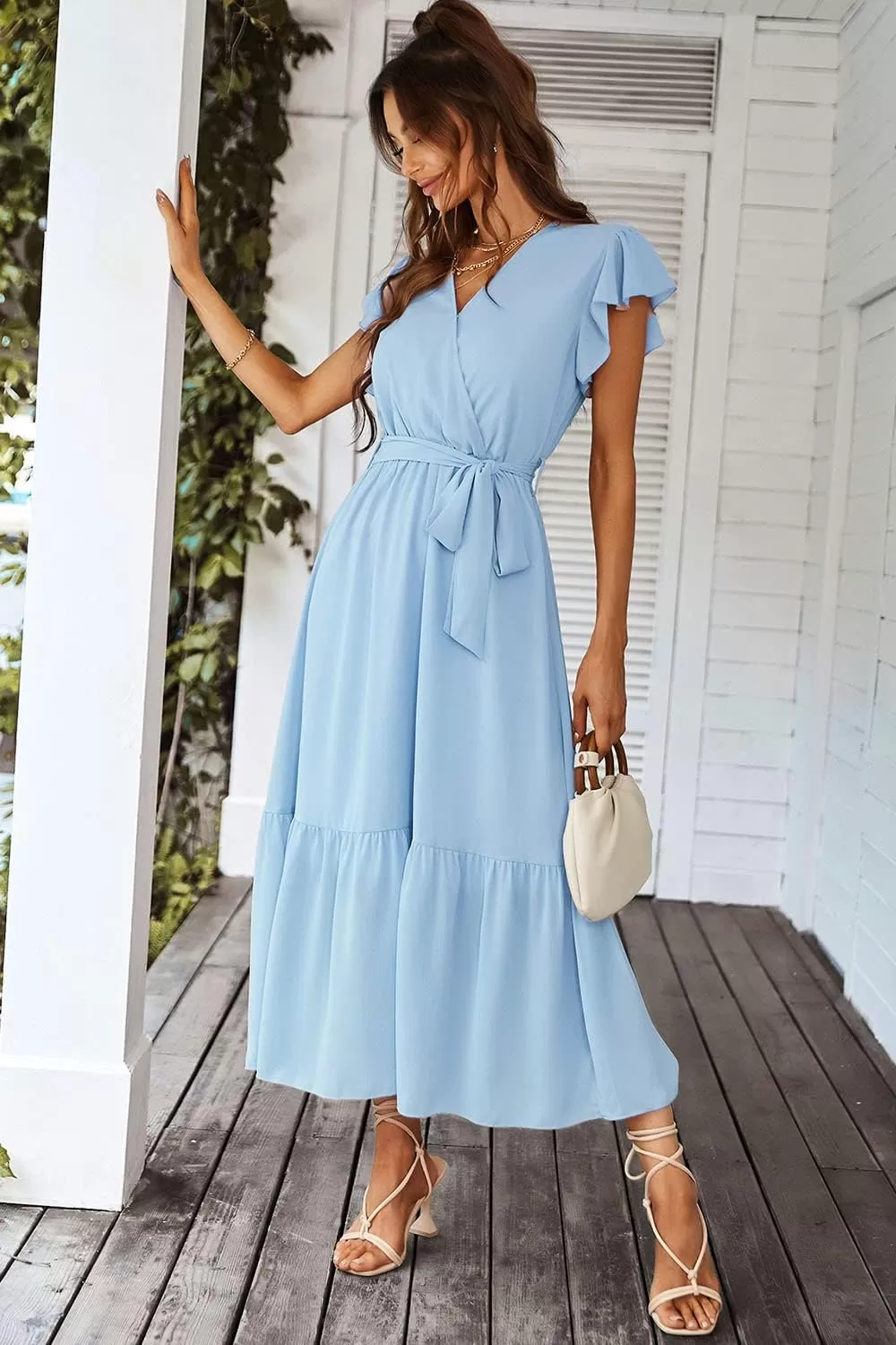 imagePRETTYGARDEN Womens 2024 Floral Boho Dress Wrap V Neck Short Sleeve Belted Ruffle Hem ALine Flowy Maxi DressesSolid Light Blue