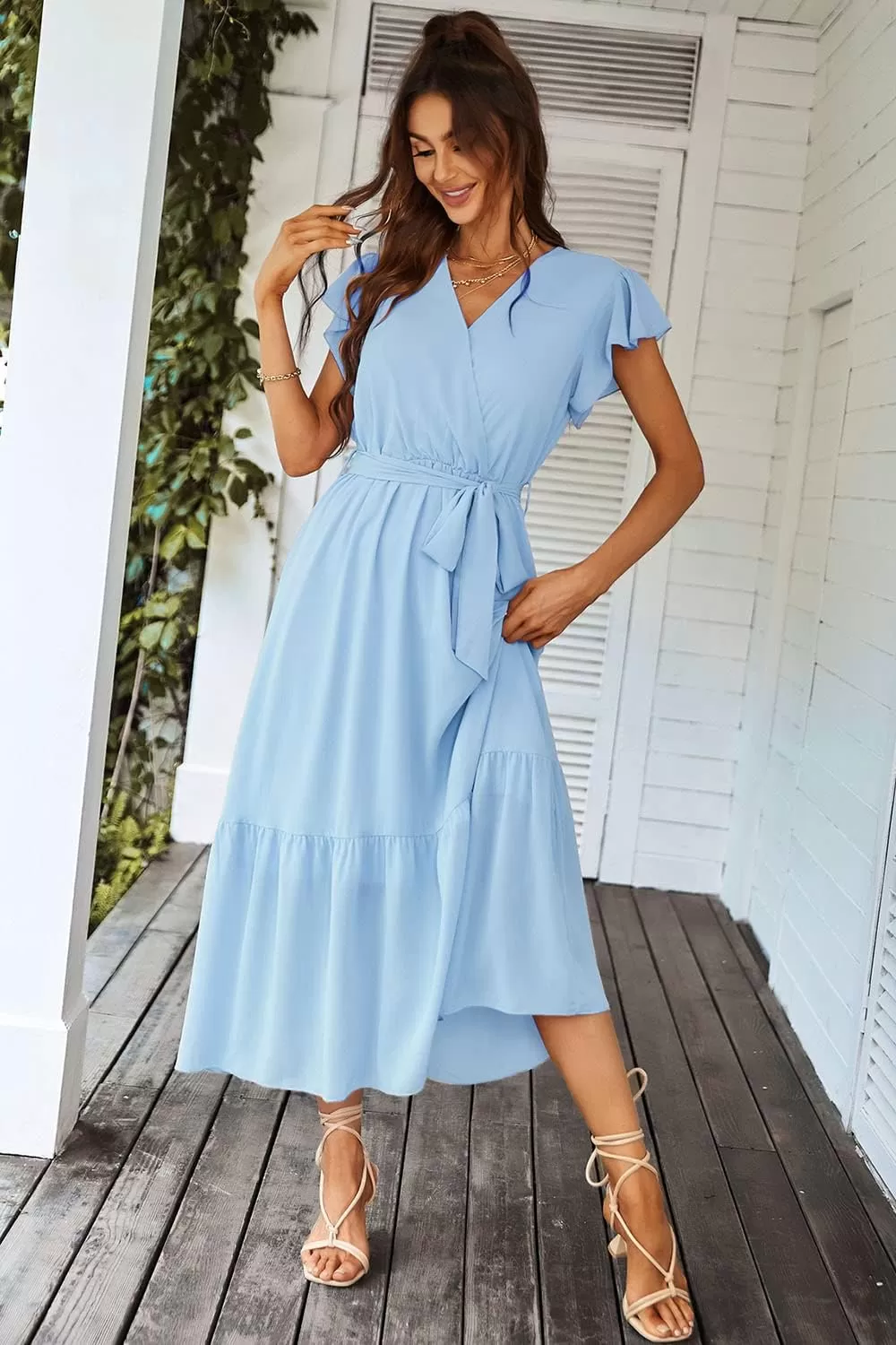 imagePRETTYGARDEN Womens 2024 Floral Boho Dress Wrap V Neck Short Sleeve Belted Ruffle Hem ALine Flowy Maxi DressesSolid Light Blue