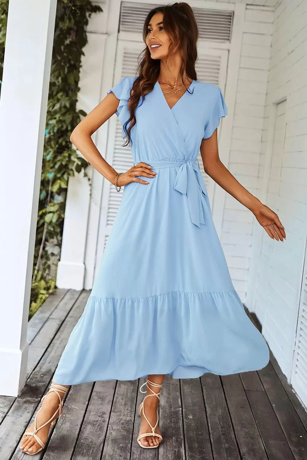 imagePRETTYGARDEN Womens 2024 Floral Boho Dress Wrap V Neck Short Sleeve Belted Ruffle Hem ALine Flowy Maxi DressesSolid Light Blue