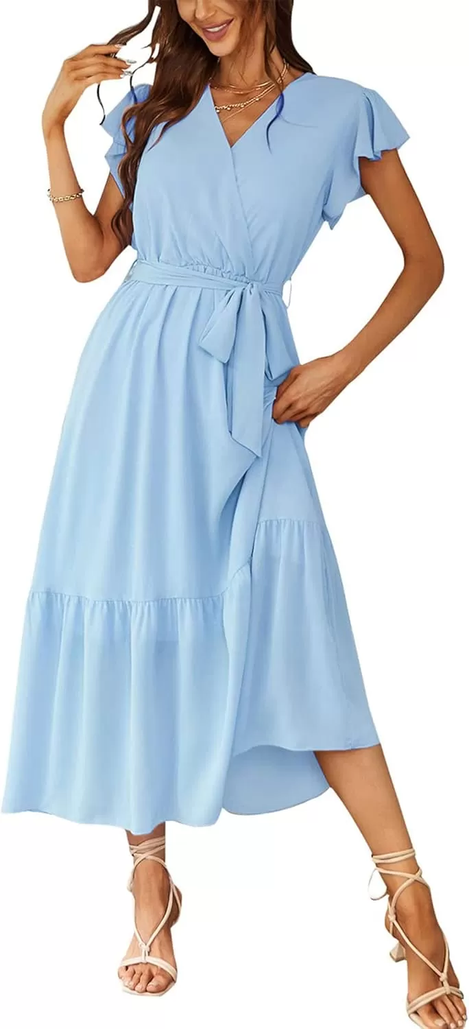 imagePRETTYGARDEN Womens 2024 Floral Boho Dress Wrap V Neck Short Sleeve Belted Ruffle Hem ALine Flowy Maxi DressesSolid Light Blue