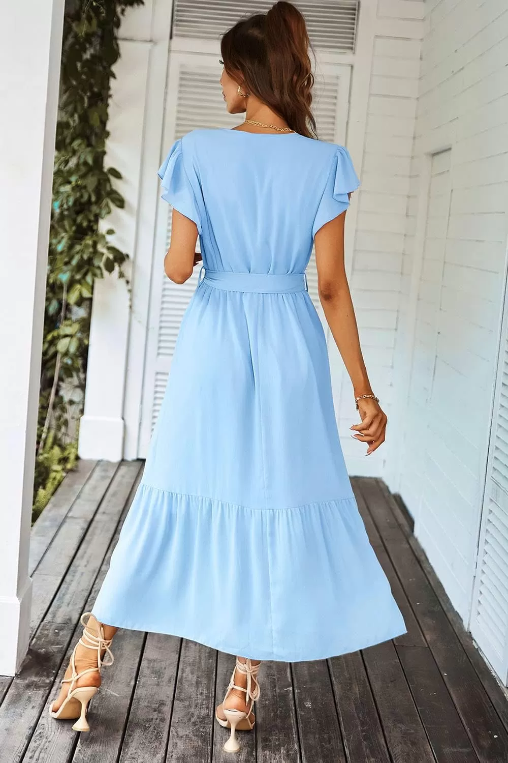 imagePRETTYGARDEN Womens 2024 Floral Boho Dress Wrap V Neck Short Sleeve Belted Ruffle Hem ALine Flowy Maxi DressesSolid Light Blue