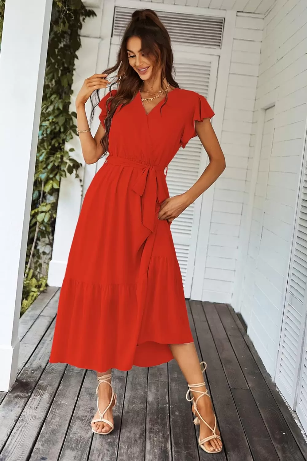 imagePRETTYGARDEN Womens 2024 Floral Boho Dress Wrap V Neck Short Sleeve Belted Ruffle Hem ALine Flowy Maxi DressesSolid Orange