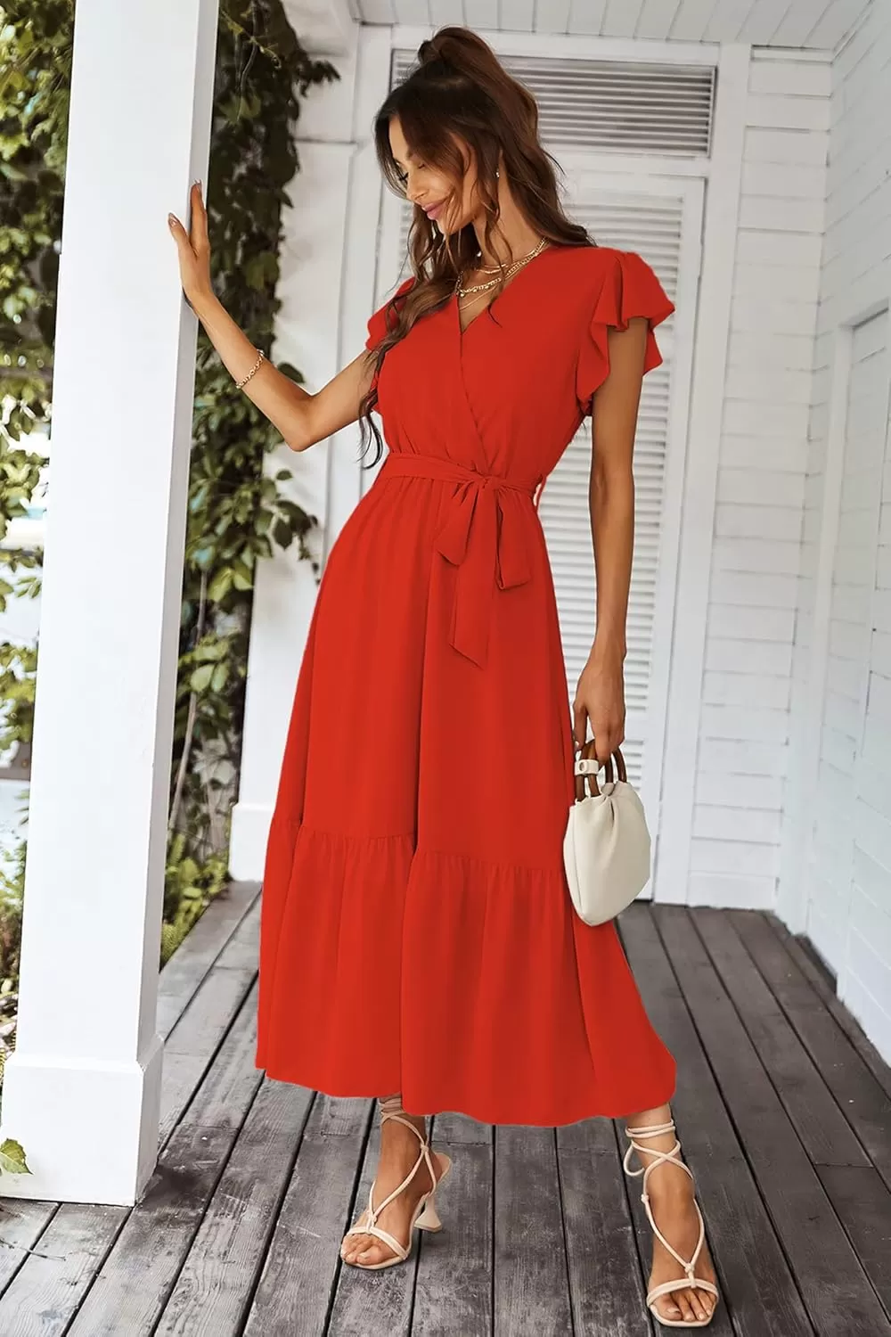 imagePRETTYGARDEN Womens 2024 Floral Boho Dress Wrap V Neck Short Sleeve Belted Ruffle Hem ALine Flowy Maxi DressesSolid Orange