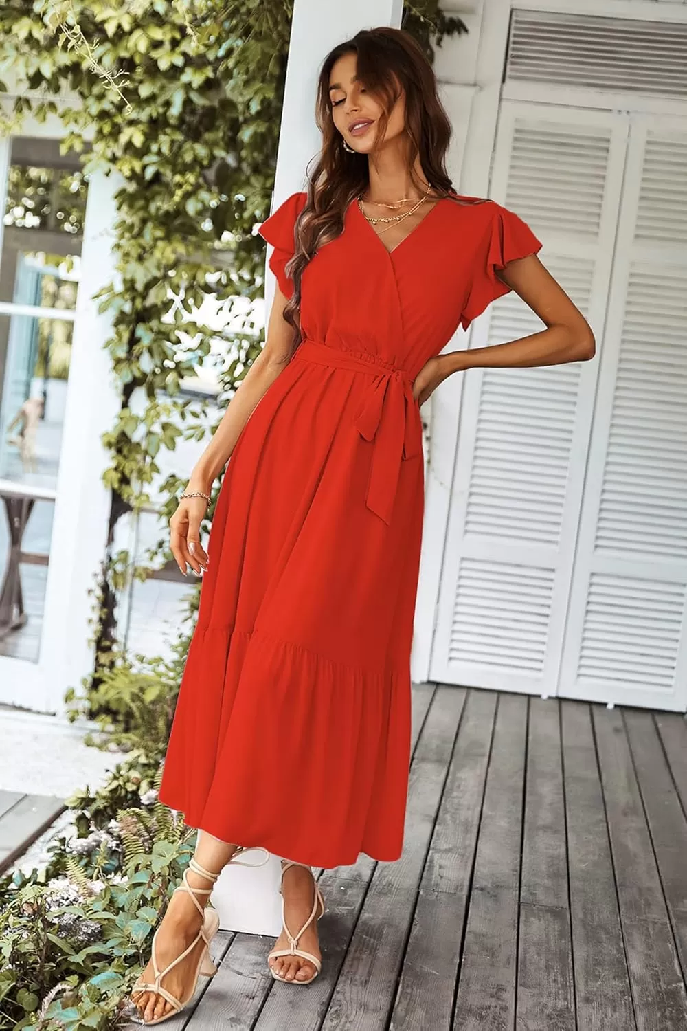 imagePRETTYGARDEN Womens 2024 Floral Boho Dress Wrap V Neck Short Sleeve Belted Ruffle Hem ALine Flowy Maxi DressesSolid Orange