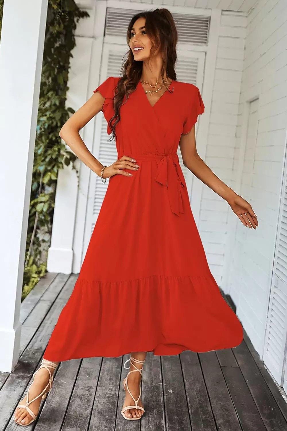 imagePRETTYGARDEN Womens 2024 Floral Boho Dress Wrap V Neck Short Sleeve Belted Ruffle Hem ALine Flowy Maxi DressesSolid Orange