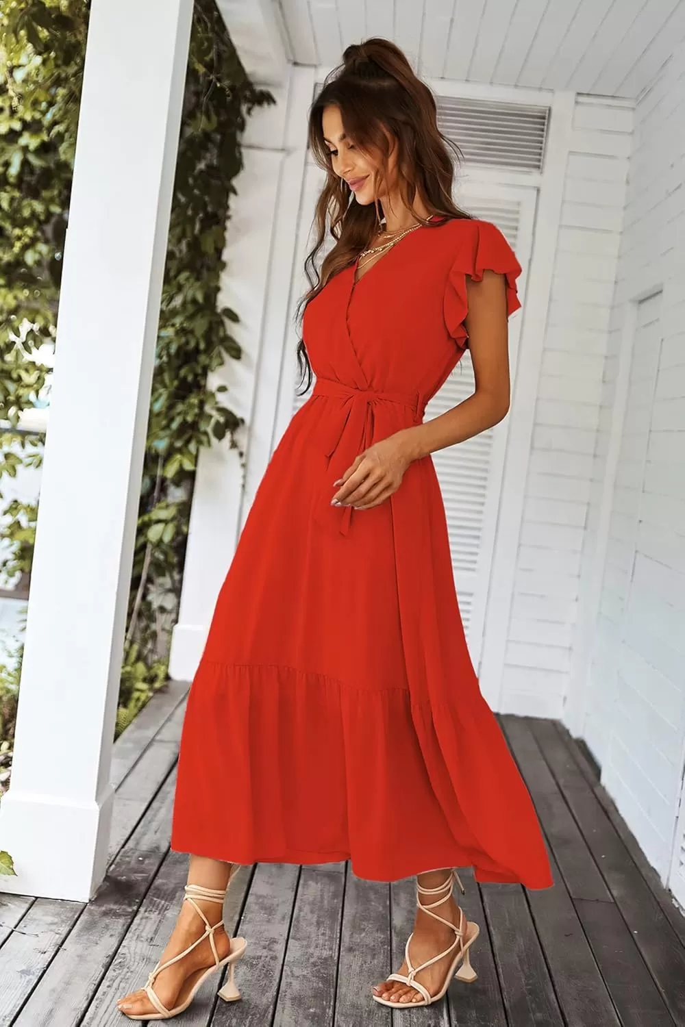 imagePRETTYGARDEN Womens 2024 Floral Boho Dress Wrap V Neck Short Sleeve Belted Ruffle Hem ALine Flowy Maxi DressesSolid Orange
