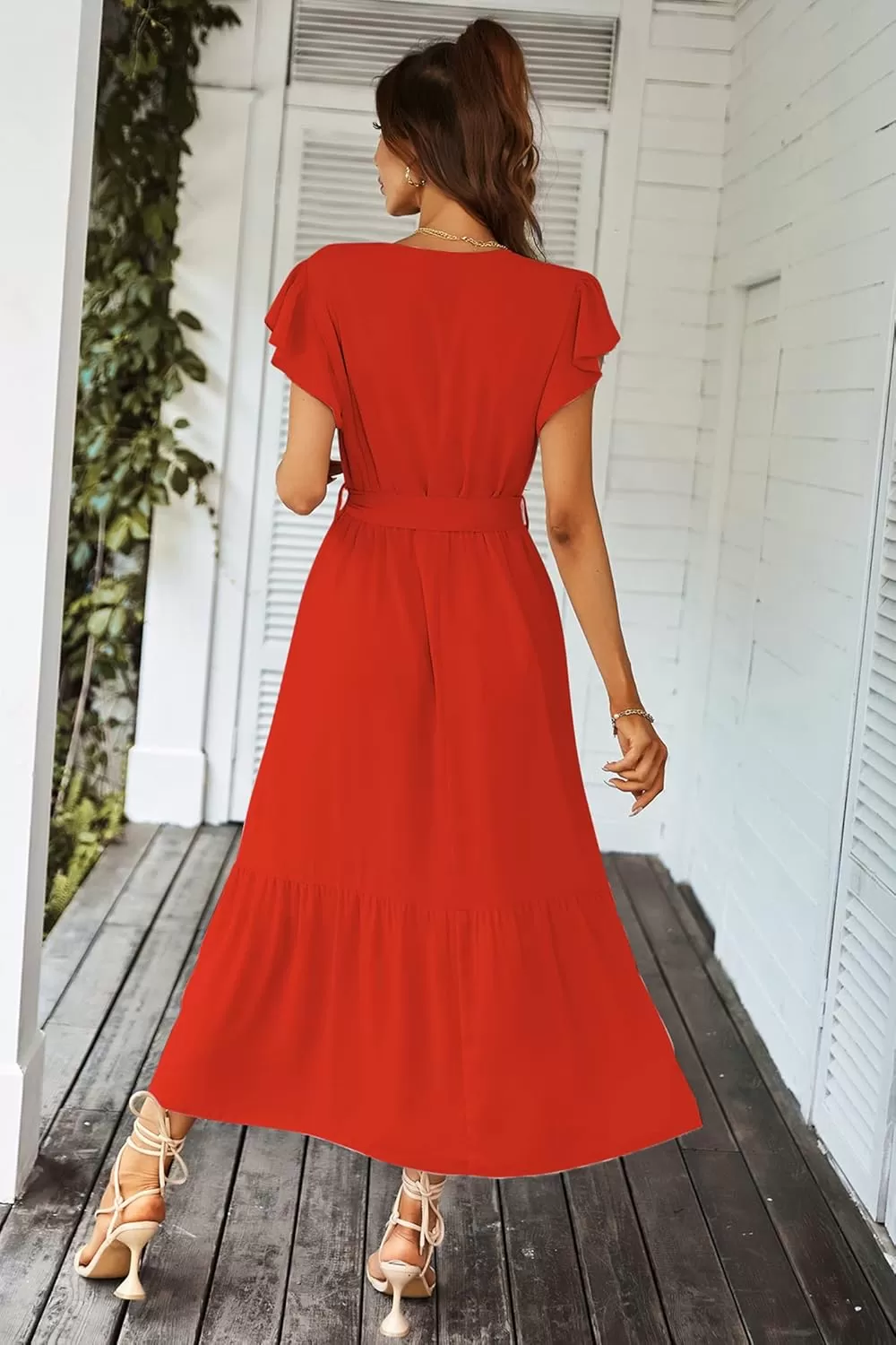 imagePRETTYGARDEN Womens 2024 Floral Boho Dress Wrap V Neck Short Sleeve Belted Ruffle Hem ALine Flowy Maxi DressesSolid Orange