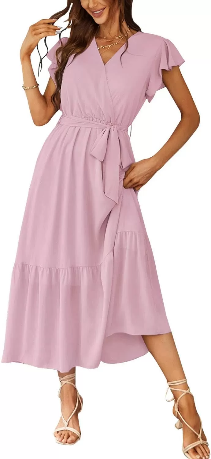 imagePRETTYGARDEN Womens 2024 Floral Boho Dress Wrap V Neck Short Sleeve Belted Ruffle Hem ALine Flowy Maxi DressesSolid Pink