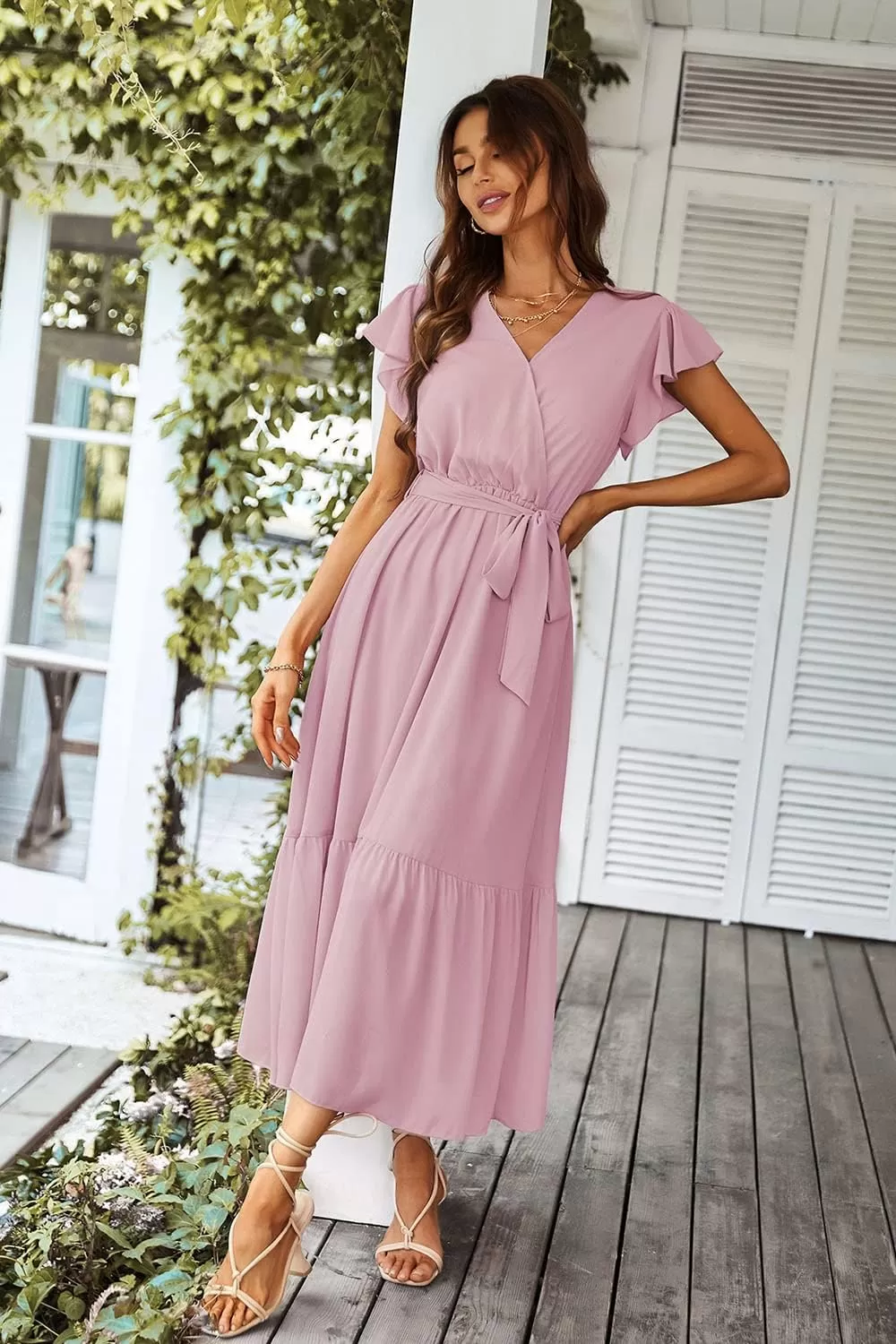 imagePRETTYGARDEN Womens 2024 Floral Boho Dress Wrap V Neck Short Sleeve Belted Ruffle Hem ALine Flowy Maxi DressesSolid Pink