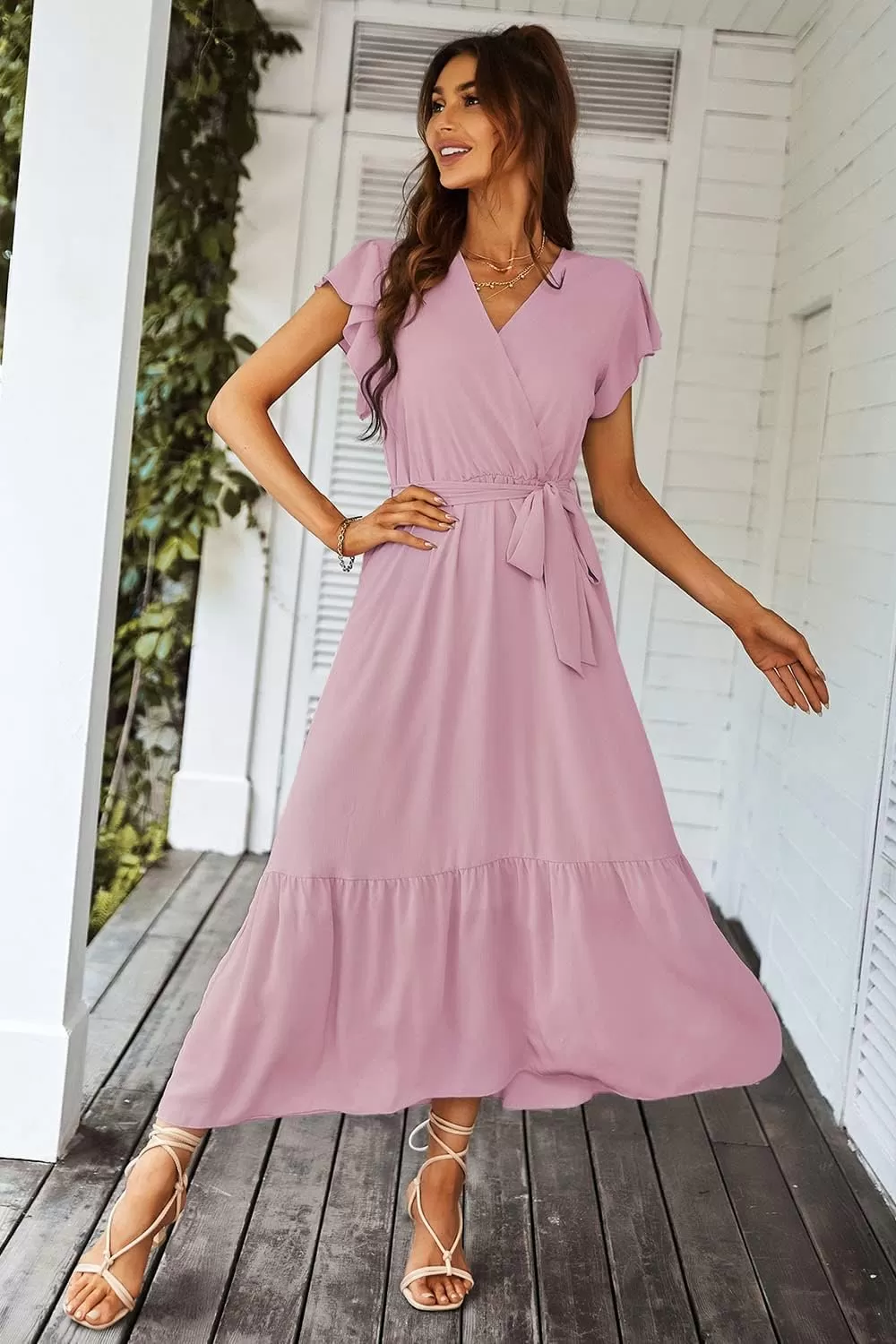 imagePRETTYGARDEN Womens 2024 Floral Boho Dress Wrap V Neck Short Sleeve Belted Ruffle Hem ALine Flowy Maxi DressesSolid Pink