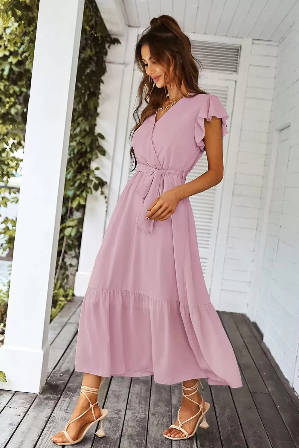 imagePRETTYGARDEN Womens 2024 Floral Boho Dress Wrap V Neck Short Sleeve Belted Ruffle Hem ALine Flowy Maxi DressesSolid Pink