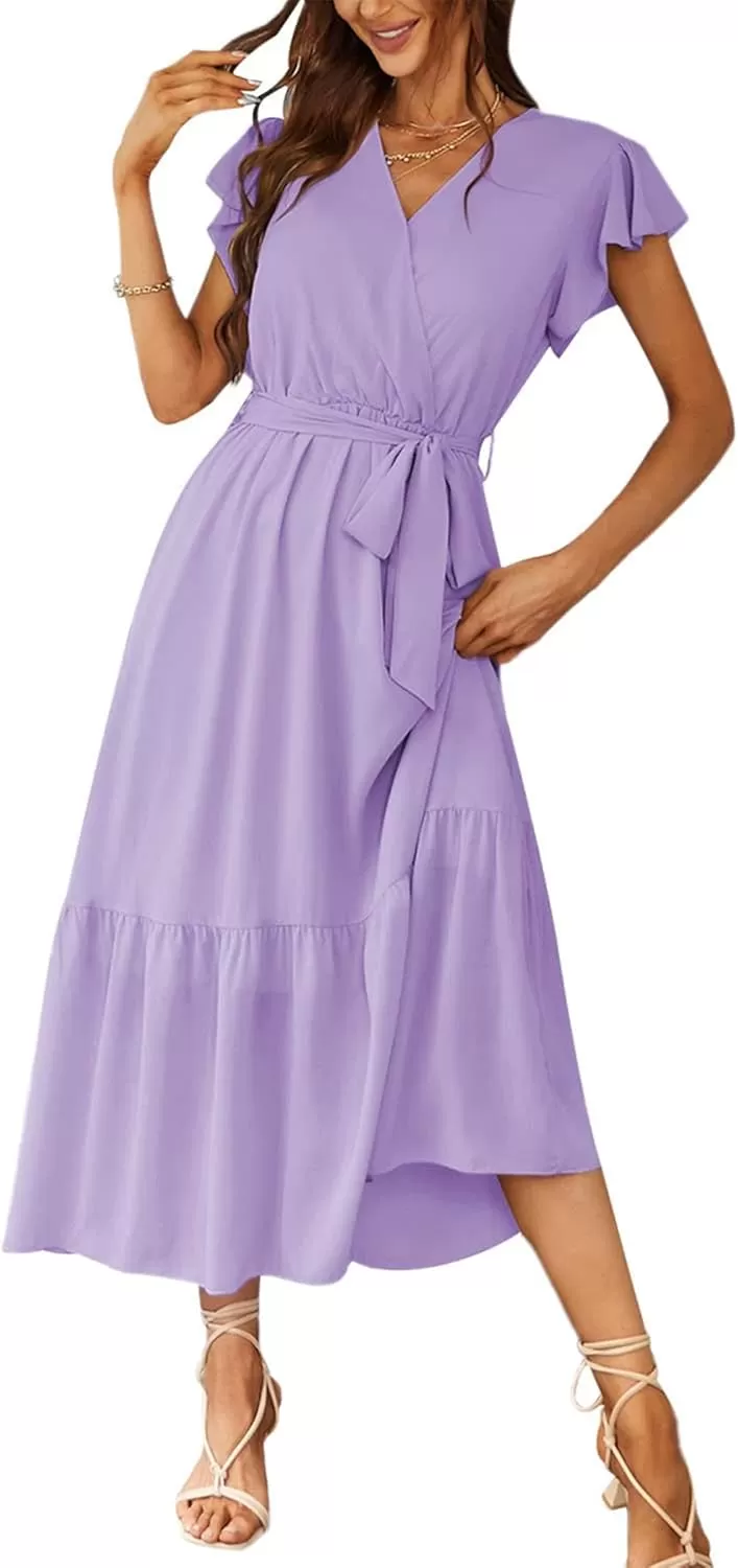 imagePRETTYGARDEN Womens 2024 Floral Boho Dress Wrap V Neck Short Sleeve Belted Ruffle Hem ALine Flowy Maxi DressesSolid Purple