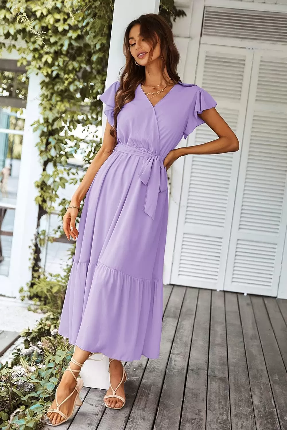 imagePRETTYGARDEN Womens 2024 Floral Boho Dress Wrap V Neck Short Sleeve Belted Ruffle Hem ALine Flowy Maxi DressesSolid Purple
