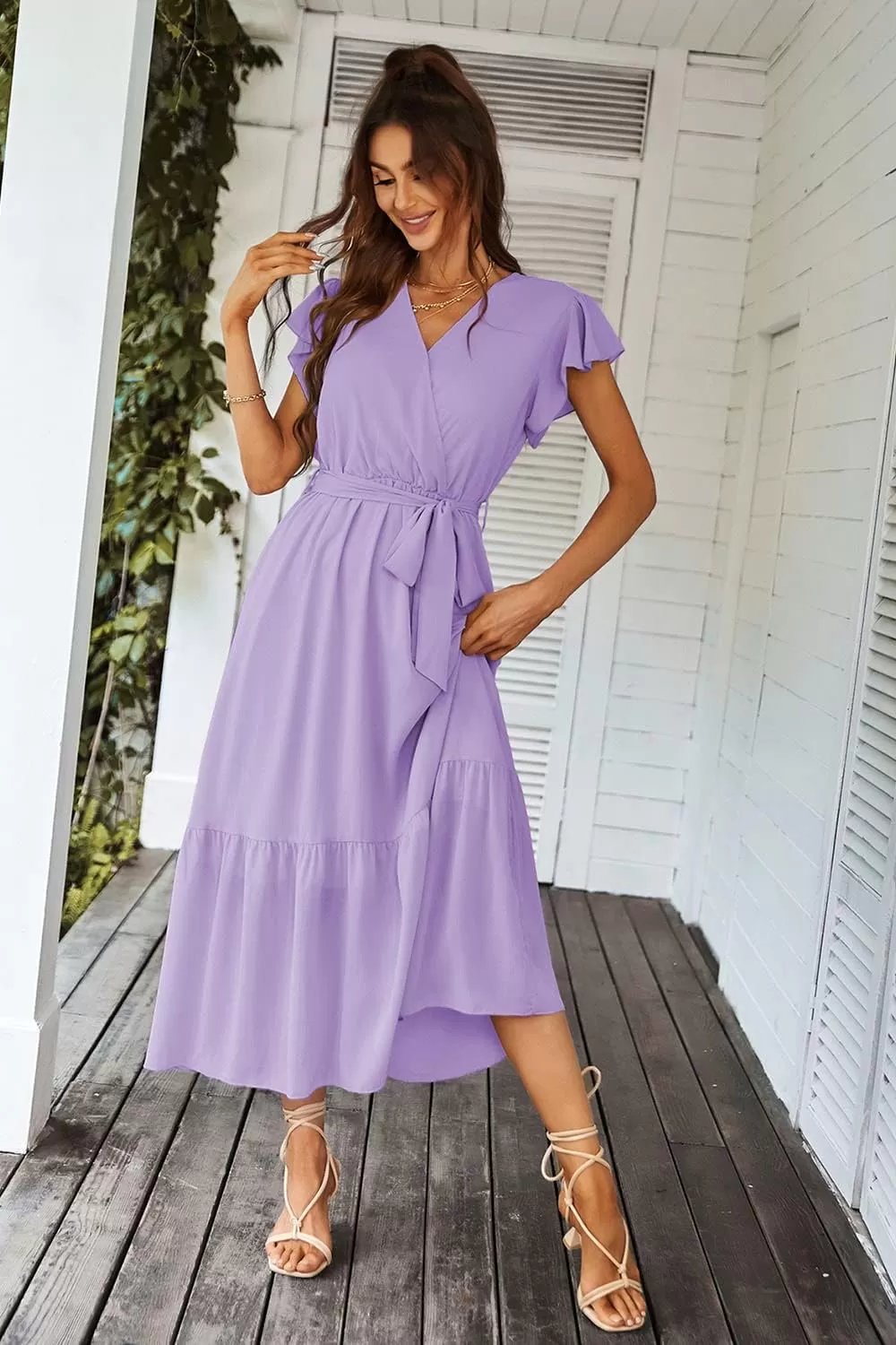imagePRETTYGARDEN Womens 2024 Floral Boho Dress Wrap V Neck Short Sleeve Belted Ruffle Hem ALine Flowy Maxi DressesSolid Purple