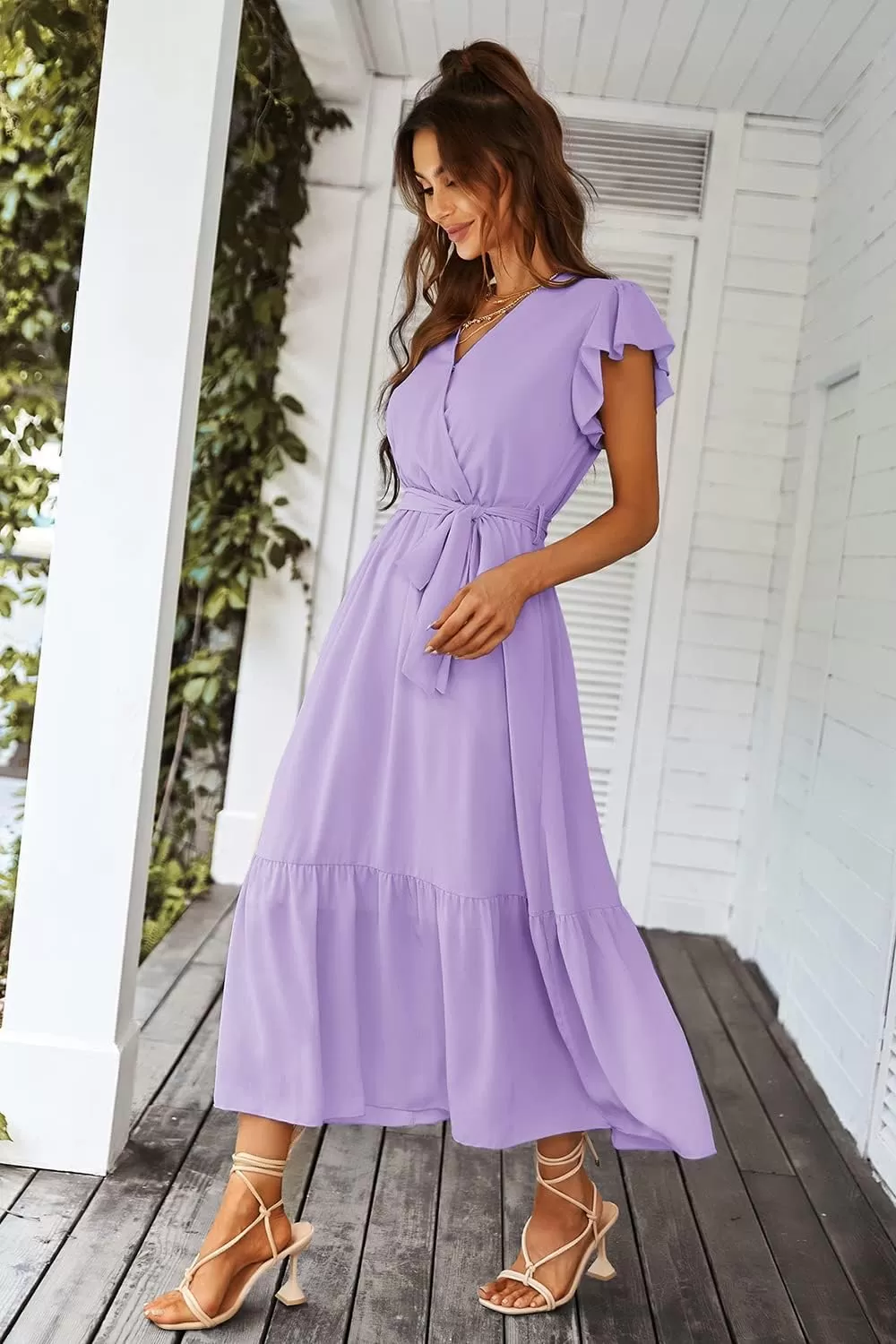 imagePRETTYGARDEN Womens 2024 Floral Boho Dress Wrap V Neck Short Sleeve Belted Ruffle Hem ALine Flowy Maxi DressesSolid Purple