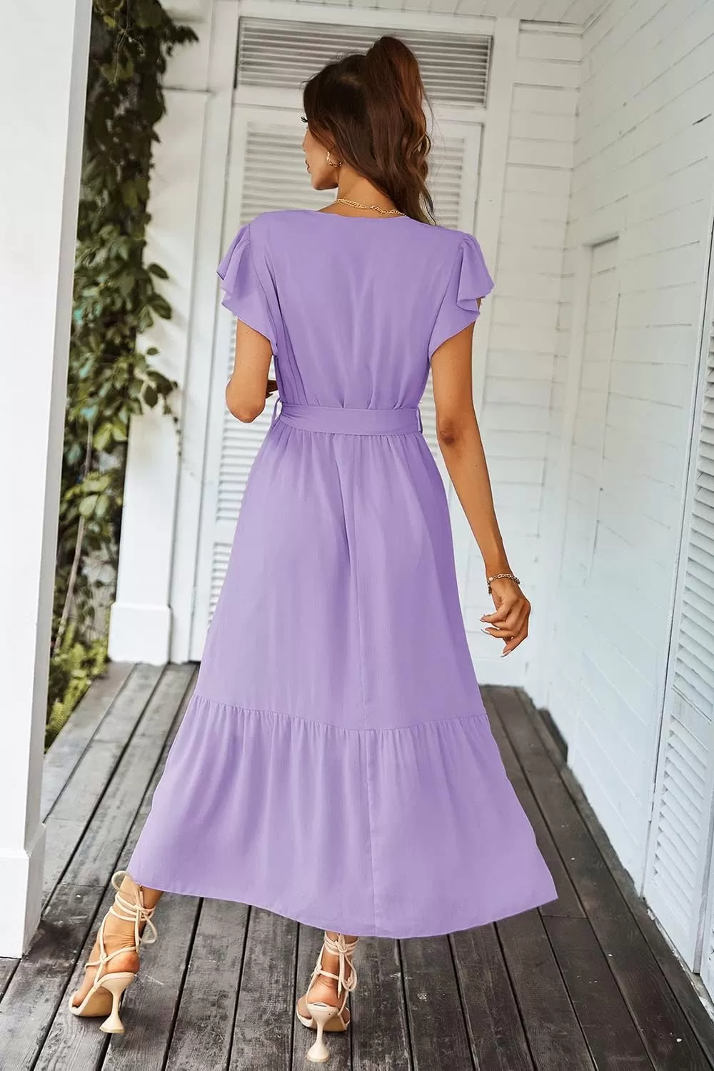 imagePRETTYGARDEN Womens 2024 Floral Boho Dress Wrap V Neck Short Sleeve Belted Ruffle Hem ALine Flowy Maxi DressesSolid Purple