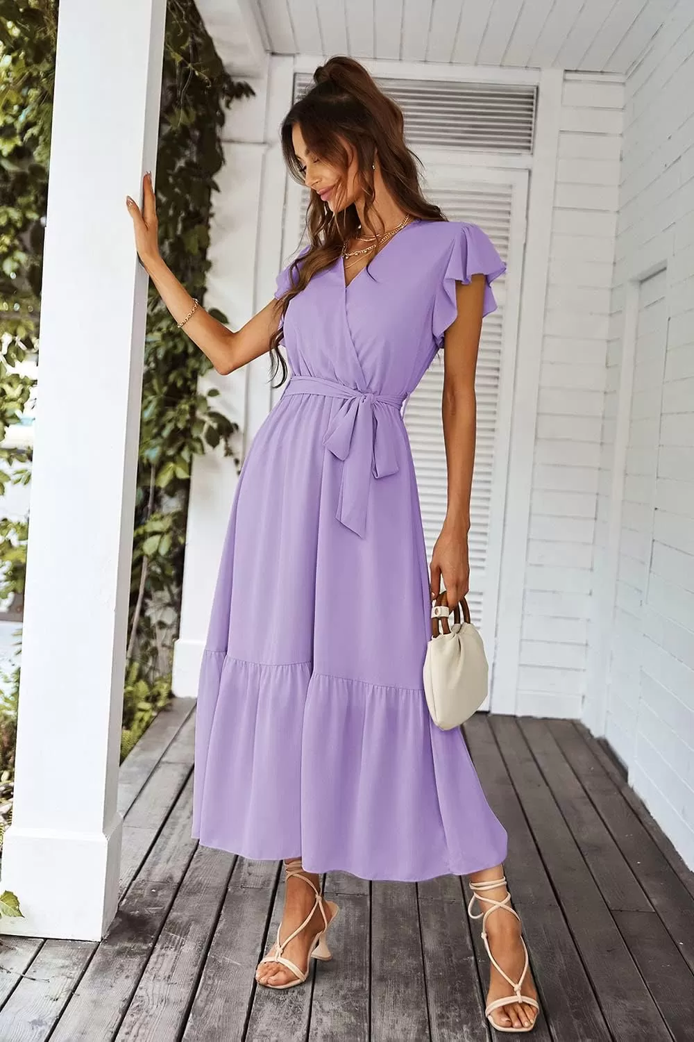 imagePRETTYGARDEN Womens 2024 Floral Boho Dress Wrap V Neck Short Sleeve Belted Ruffle Hem ALine Flowy Maxi DressesSolid Purple