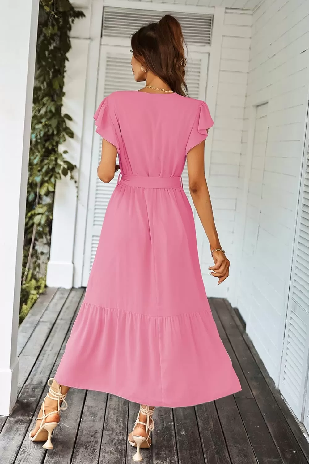 imagePRETTYGARDEN Womens 2024 Floral Boho Dress Wrap V Neck Short Sleeve Belted Ruffle Hem ALine Flowy Maxi DressesSolid Rose Pink