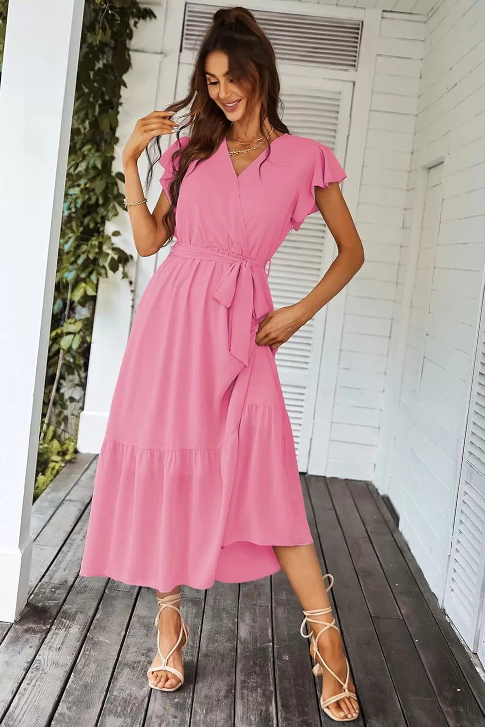 imagePRETTYGARDEN Womens 2024 Floral Boho Dress Wrap V Neck Short Sleeve Belted Ruffle Hem ALine Flowy Maxi DressesSolid Rose Pink