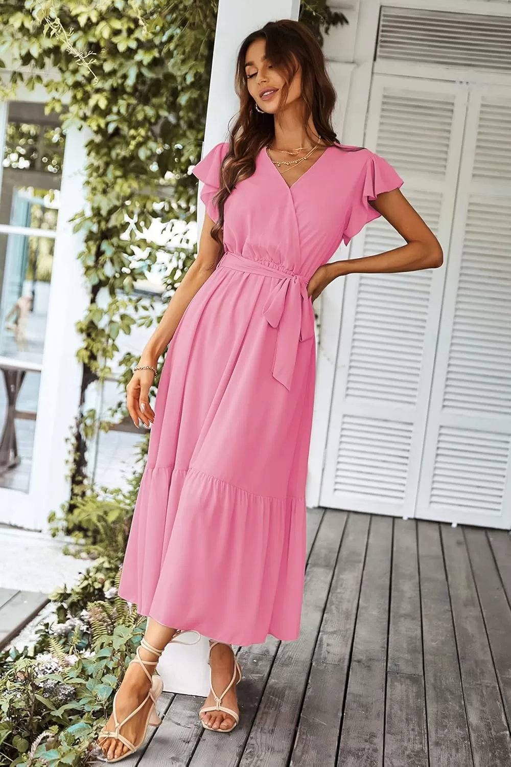 imagePRETTYGARDEN Womens 2024 Floral Boho Dress Wrap V Neck Short Sleeve Belted Ruffle Hem ALine Flowy Maxi DressesSolid Rose Pink