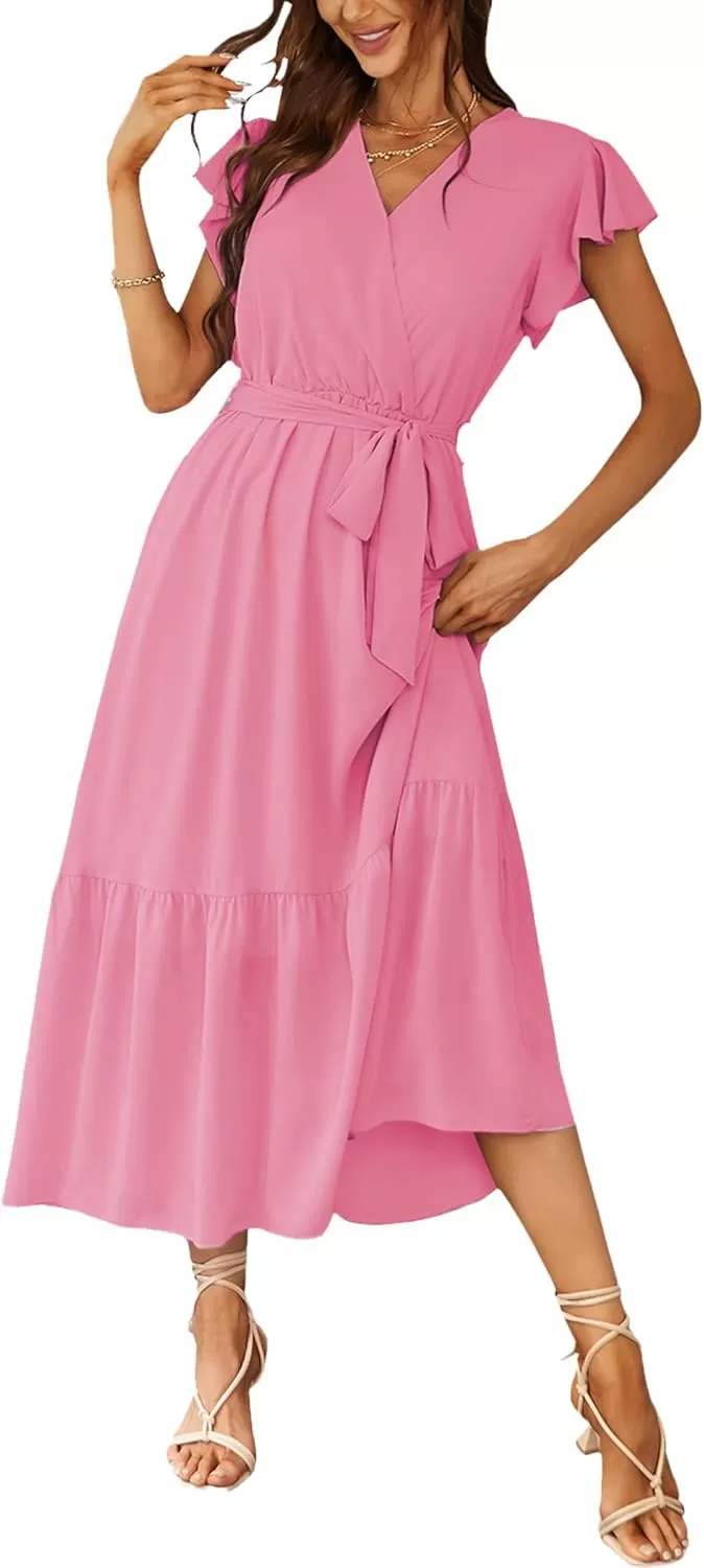 imagePRETTYGARDEN Womens 2024 Floral Boho Dress Wrap V Neck Short Sleeve Belted Ruffle Hem ALine Flowy Maxi DressesSolid Rose Pink