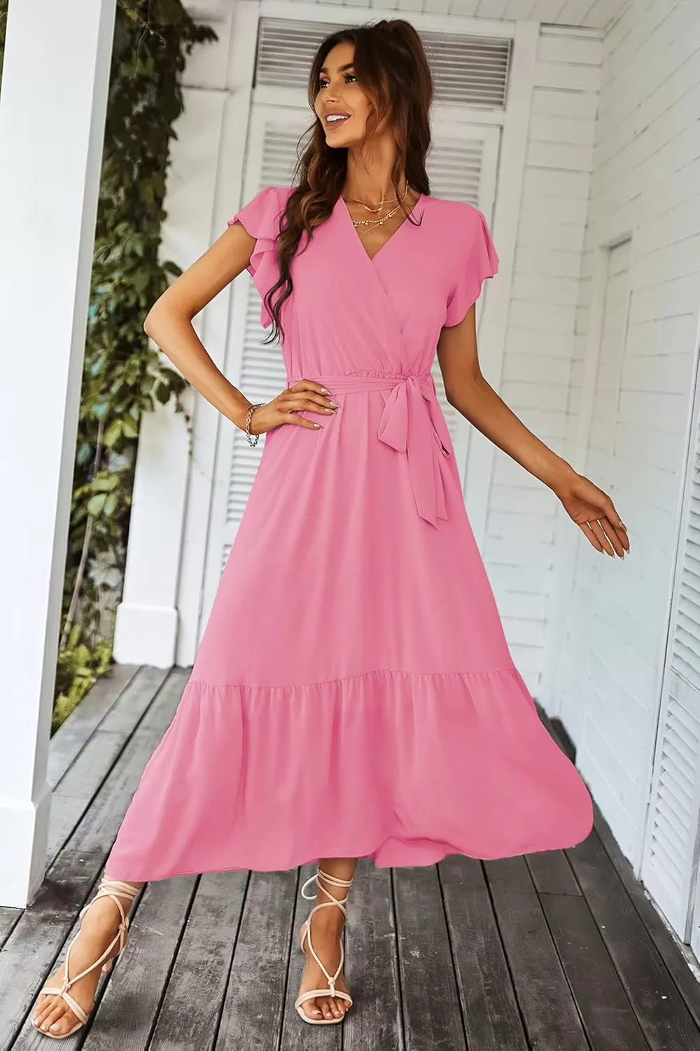 imagePRETTYGARDEN Womens 2024 Floral Boho Dress Wrap V Neck Short Sleeve Belted Ruffle Hem ALine Flowy Maxi DressesSolid Rose Pink