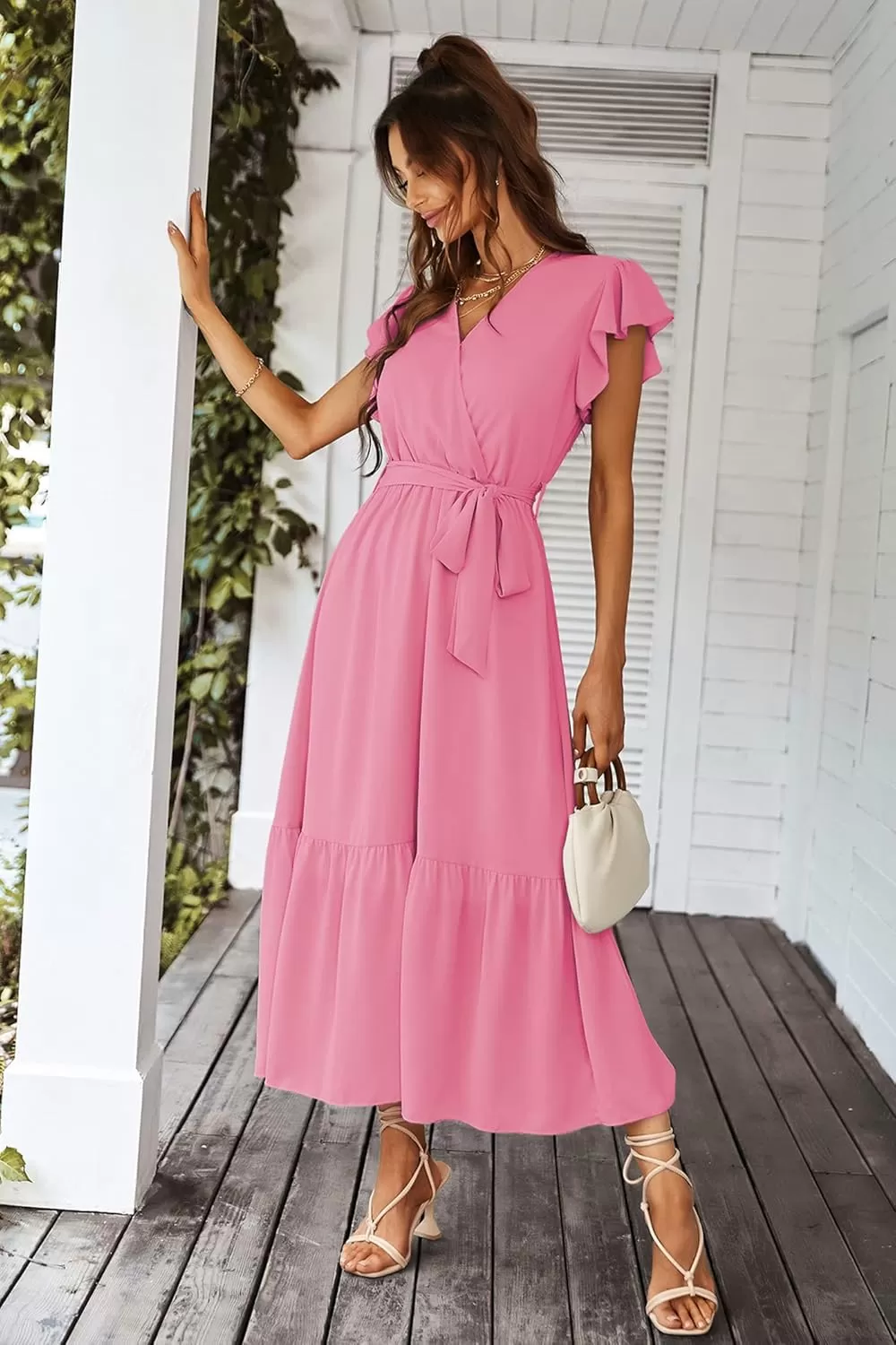 imagePRETTYGARDEN Womens 2024 Floral Boho Dress Wrap V Neck Short Sleeve Belted Ruffle Hem ALine Flowy Maxi DressesSolid Rose Pink