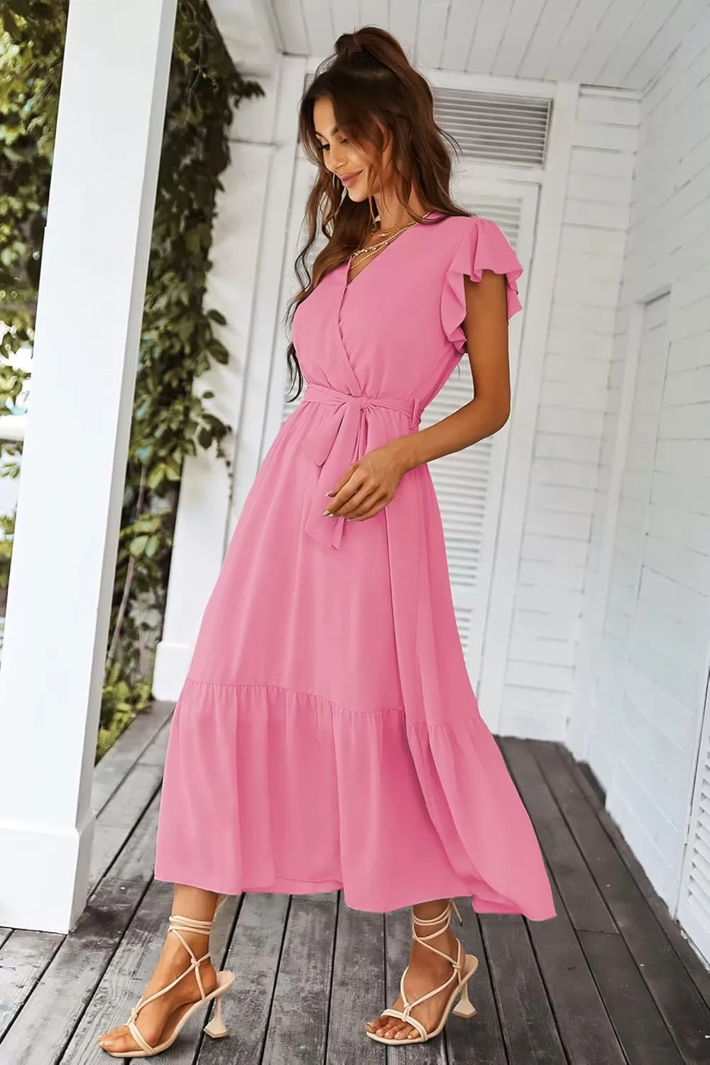 imagePRETTYGARDEN Womens 2024 Floral Boho Dress Wrap V Neck Short Sleeve Belted Ruffle Hem ALine Flowy Maxi DressesSolid Rose Pink
