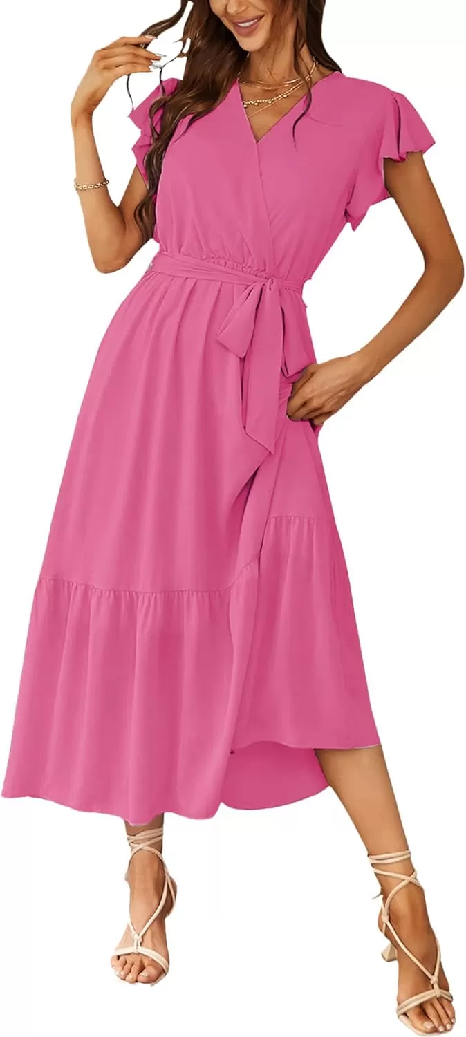 imagePRETTYGARDEN Womens 2024 Floral Boho Dress Wrap V Neck Short Sleeve Belted Ruffle Hem ALine Flowy Maxi DressesSolid Rose Red