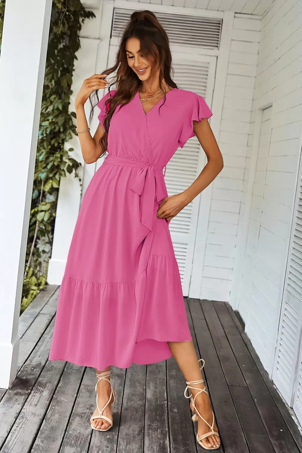 imagePRETTYGARDEN Womens 2024 Floral Boho Dress Wrap V Neck Short Sleeve Belted Ruffle Hem ALine Flowy Maxi DressesSolid Rose Red