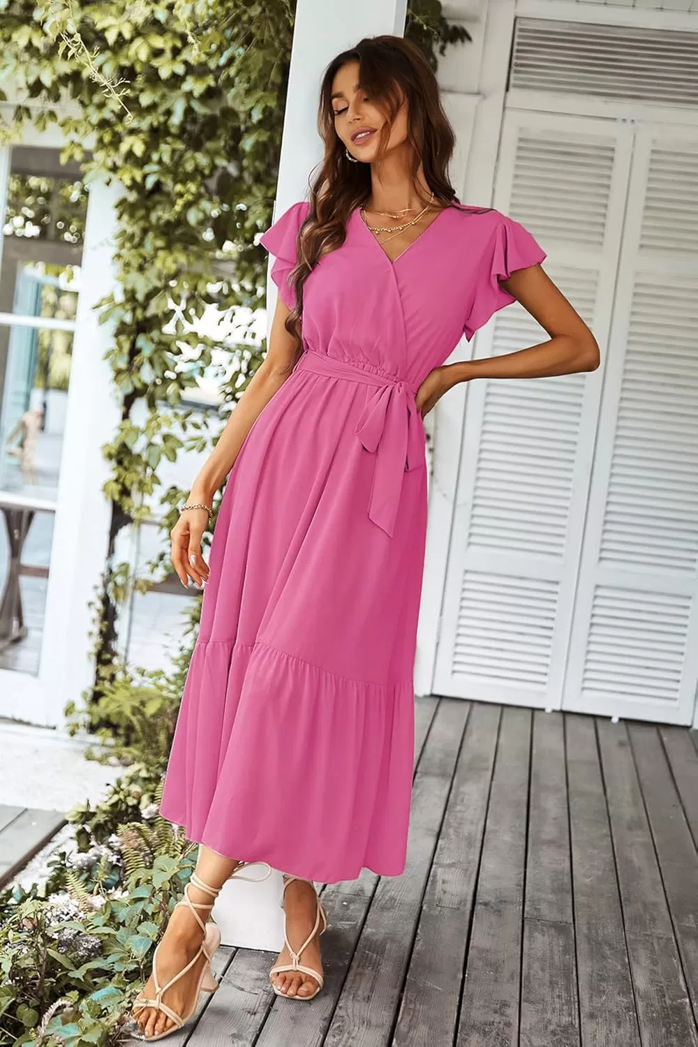 imagePRETTYGARDEN Womens 2024 Floral Boho Dress Wrap V Neck Short Sleeve Belted Ruffle Hem ALine Flowy Maxi DressesSolid Rose Red