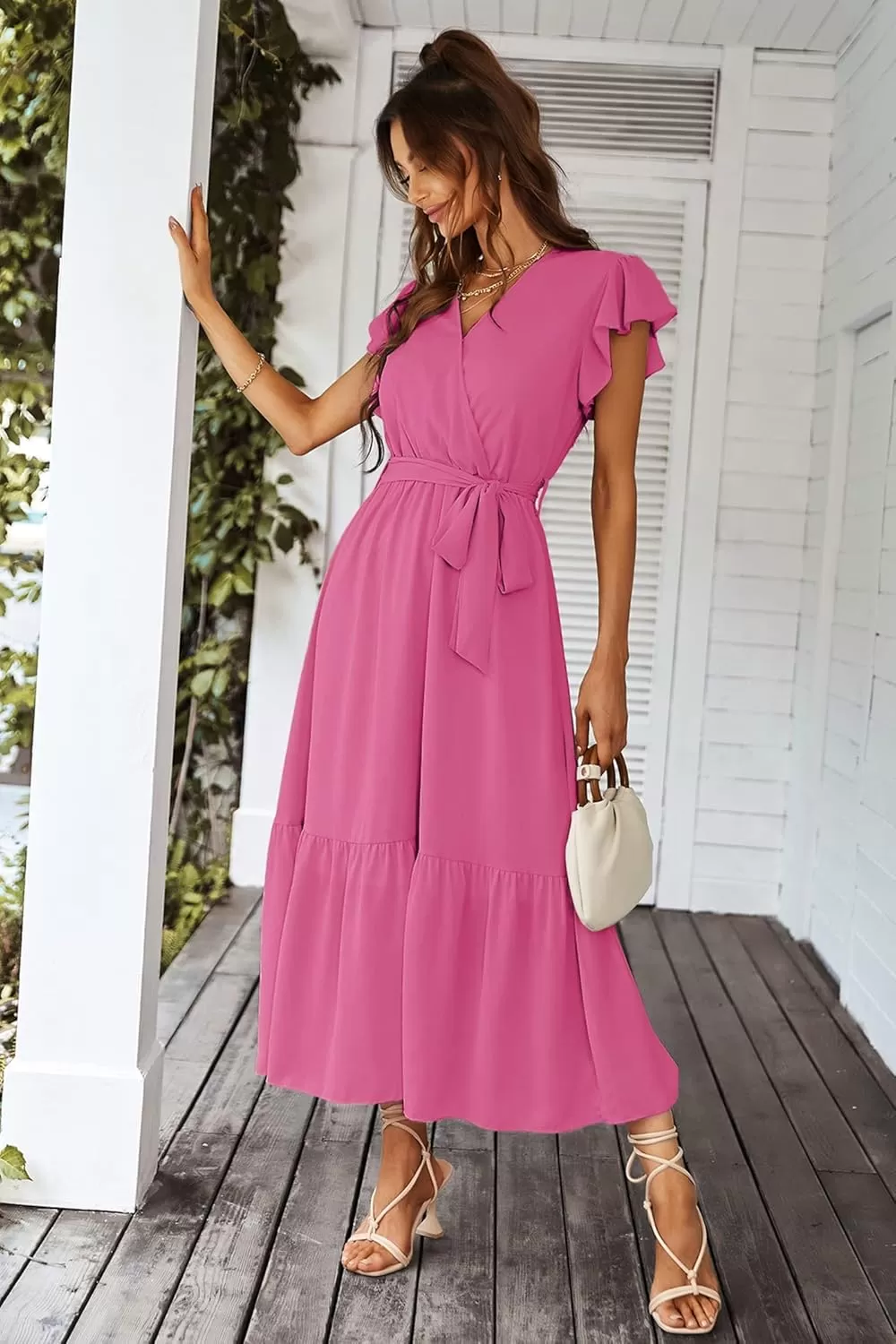 imagePRETTYGARDEN Womens 2024 Floral Boho Dress Wrap V Neck Short Sleeve Belted Ruffle Hem ALine Flowy Maxi DressesSolid Rose Red