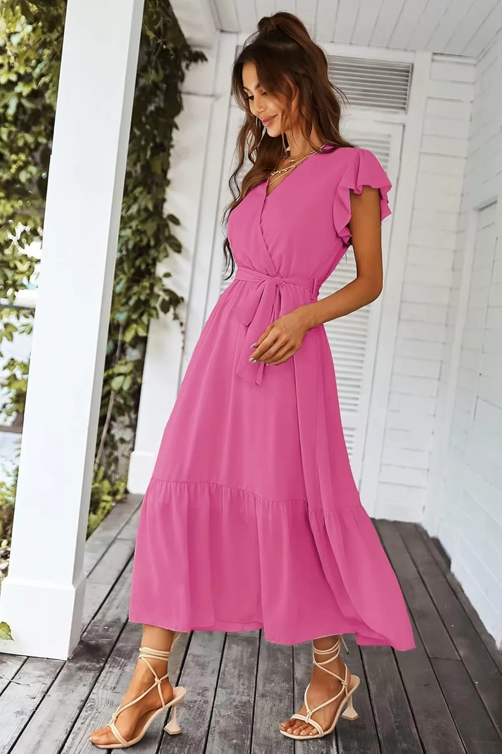 imagePRETTYGARDEN Womens 2024 Floral Boho Dress Wrap V Neck Short Sleeve Belted Ruffle Hem ALine Flowy Maxi DressesSolid Rose Red