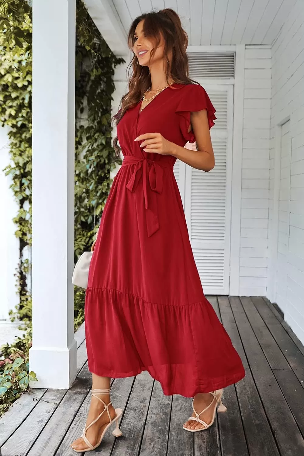 imagePRETTYGARDEN Womens 2024 Floral Boho Dress Wrap V Neck Short Sleeve Belted Ruffle Hem ALine Flowy Maxi DressesSolid Wine Red