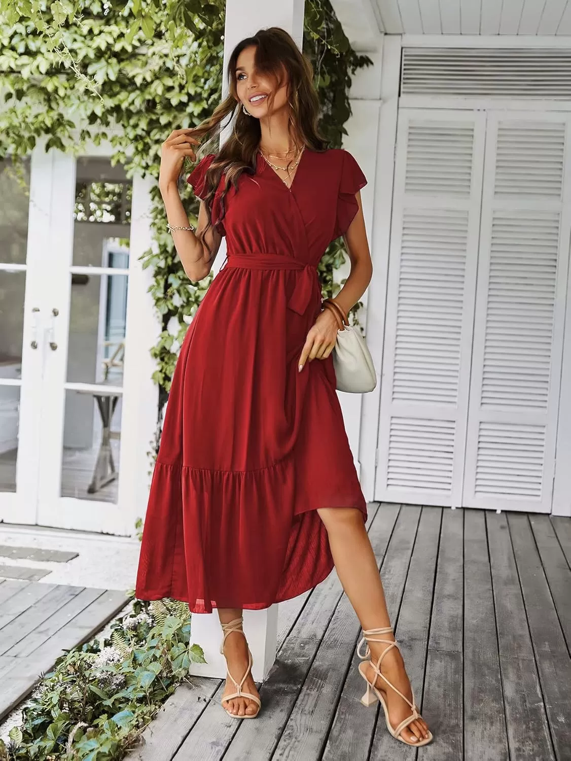 imagePRETTYGARDEN Womens 2024 Floral Boho Dress Wrap V Neck Short Sleeve Belted Ruffle Hem ALine Flowy Maxi DressesSolid Wine Red