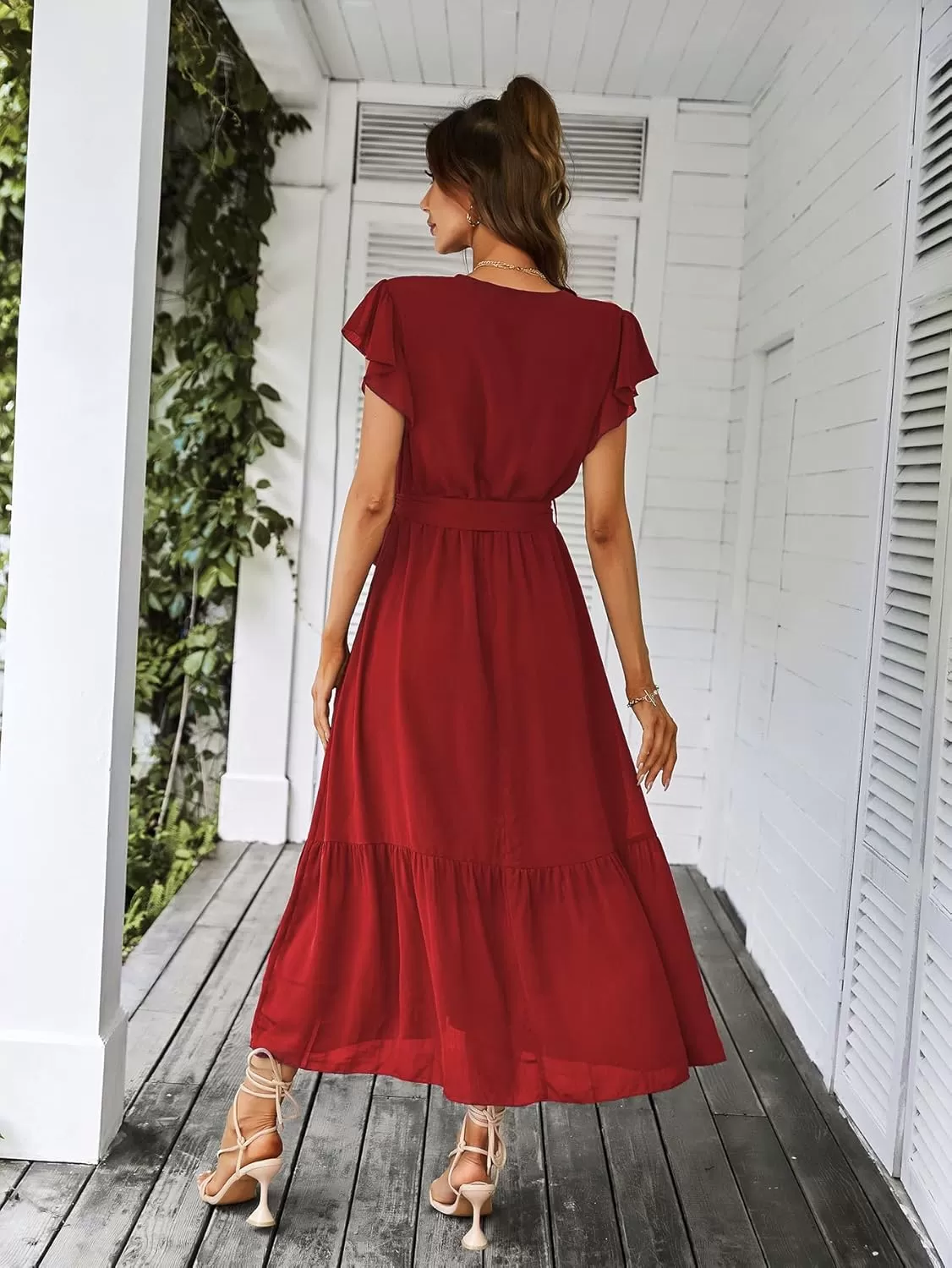imagePRETTYGARDEN Womens 2024 Floral Boho Dress Wrap V Neck Short Sleeve Belted Ruffle Hem ALine Flowy Maxi DressesSolid Wine Red