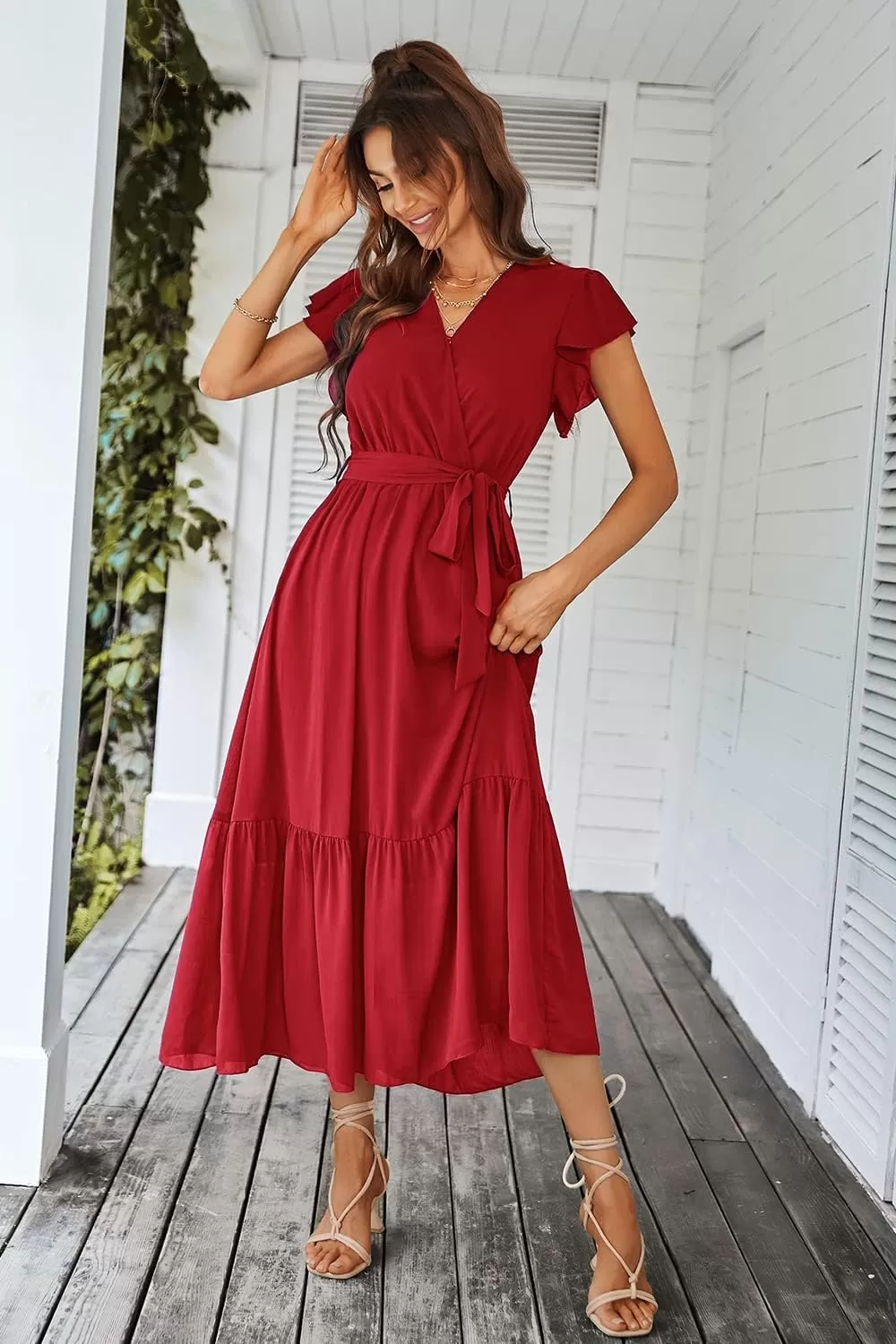 imagePRETTYGARDEN Womens 2024 Floral Boho Dress Wrap V Neck Short Sleeve Belted Ruffle Hem ALine Flowy Maxi DressesSolid Wine Red