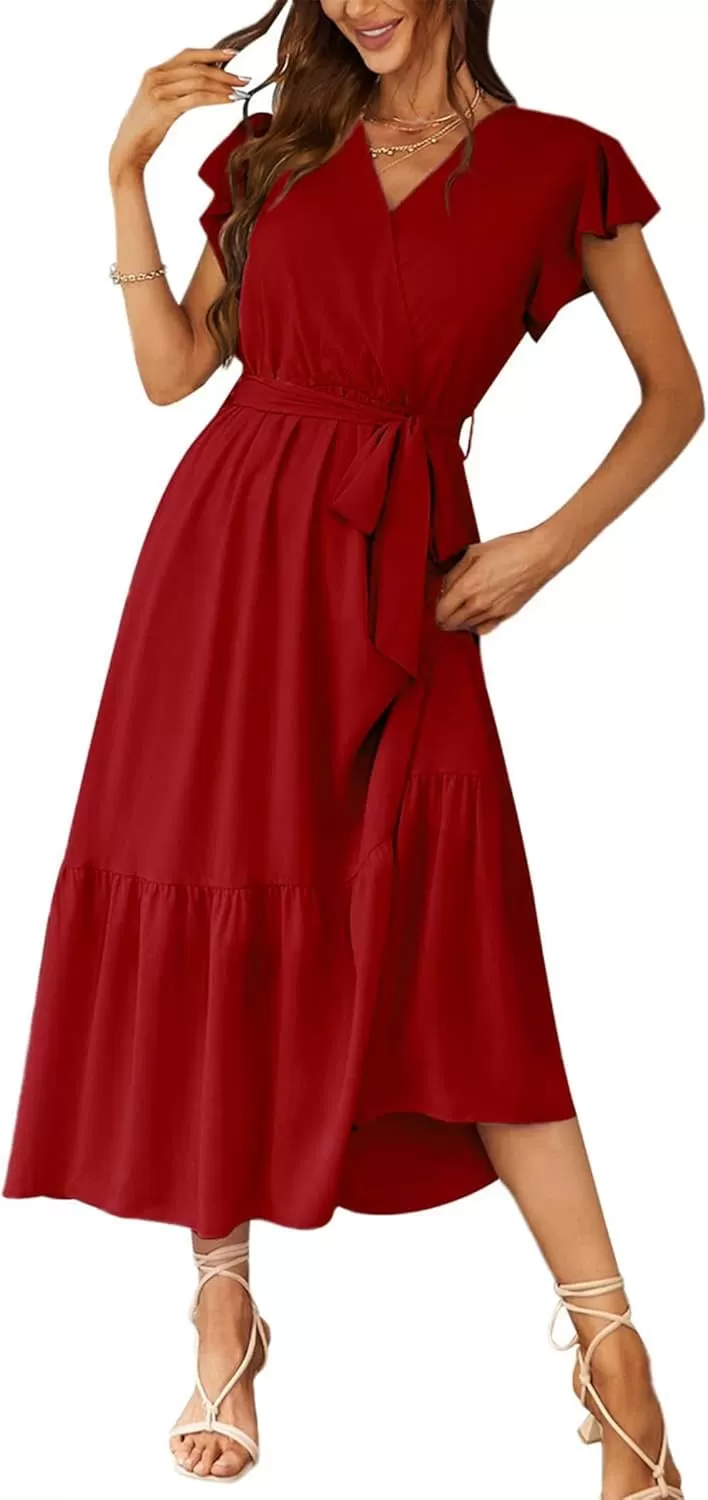imagePRETTYGARDEN Womens 2024 Floral Boho Dress Wrap V Neck Short Sleeve Belted Ruffle Hem ALine Flowy Maxi DressesSolid Wine Red