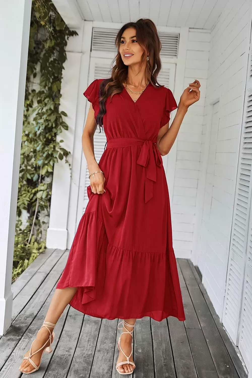 imagePRETTYGARDEN Womens 2024 Floral Boho Dress Wrap V Neck Short Sleeve Belted Ruffle Hem ALine Flowy Maxi DressesSolid Wine Red