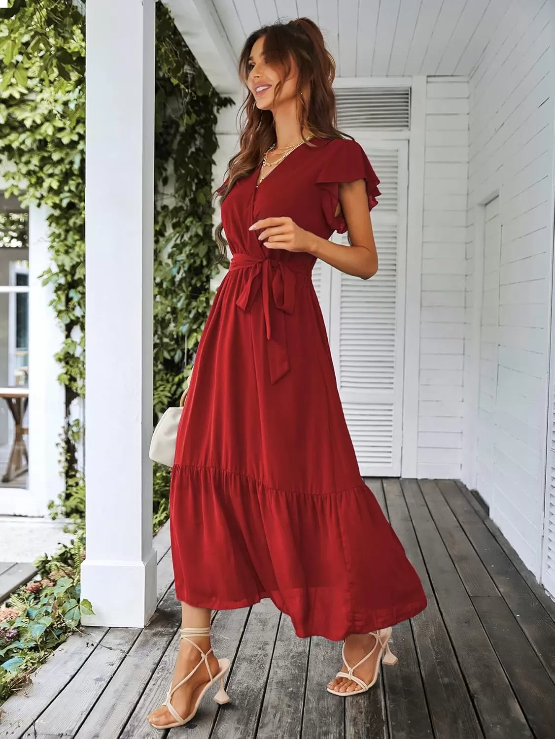 imagePRETTYGARDEN Womens 2024 Floral Boho Dress Wrap V Neck Short Sleeve Belted Ruffle Hem ALine Flowy Maxi DressesSolid Wine Red