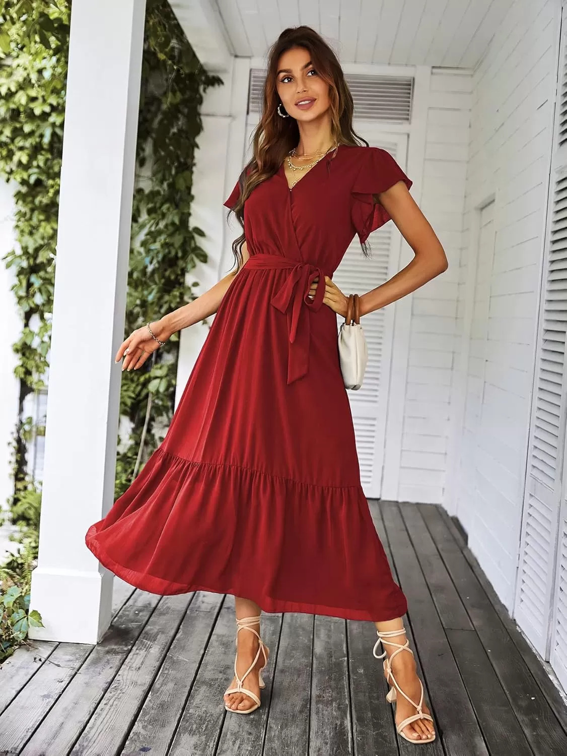 imagePRETTYGARDEN Womens 2024 Floral Boho Dress Wrap V Neck Short Sleeve Belted Ruffle Hem ALine Flowy Maxi DressesSolid Wine Red