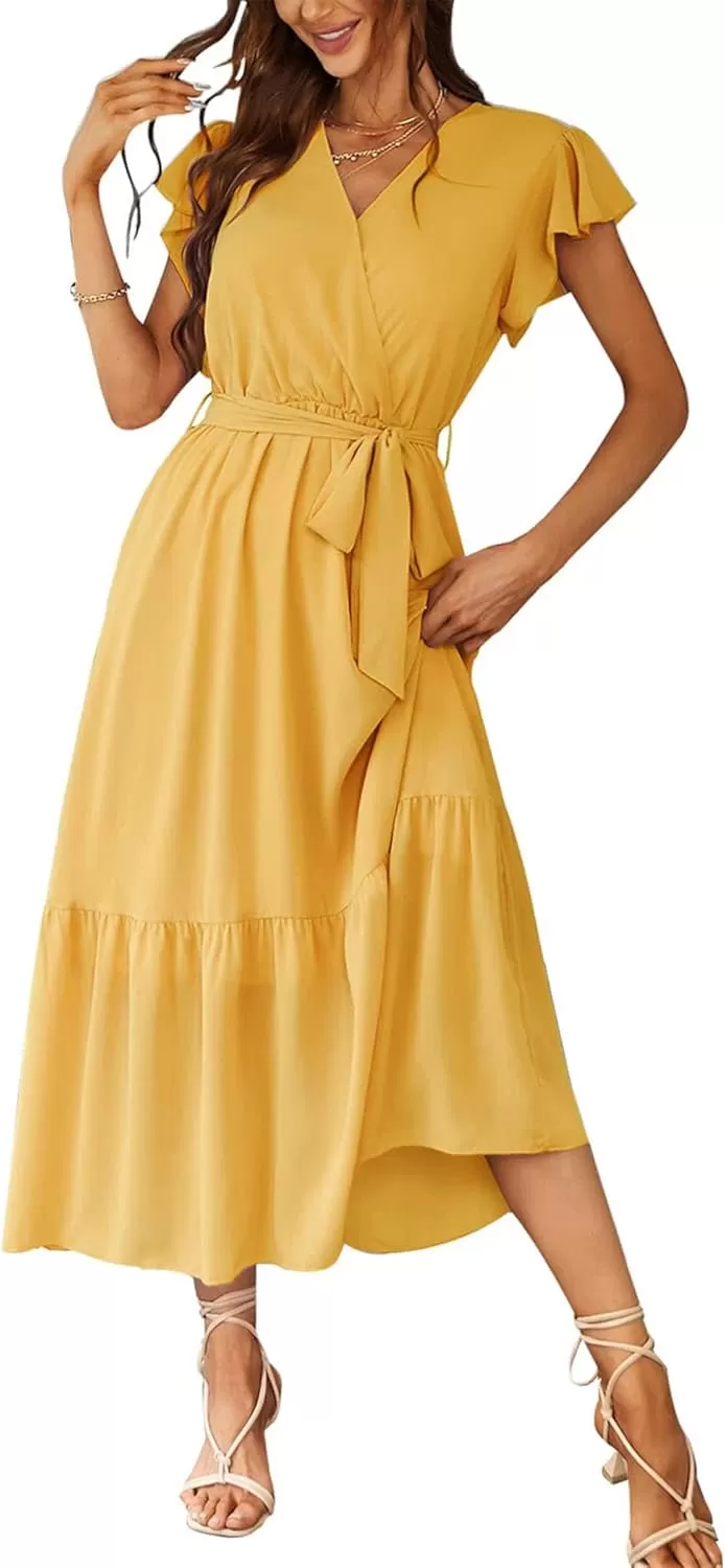 imagePRETTYGARDEN Womens 2024 Floral Boho Dress Wrap V Neck Short Sleeve Belted Ruffle Hem ALine Flowy Maxi DressesSolid Yellow