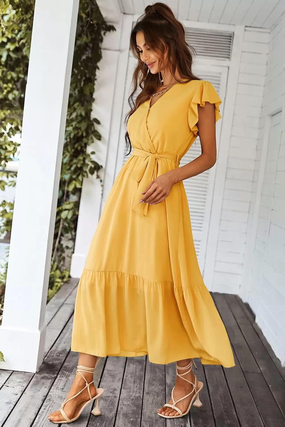 imagePRETTYGARDEN Womens 2024 Floral Boho Dress Wrap V Neck Short Sleeve Belted Ruffle Hem ALine Flowy Maxi DressesSolid Yellow